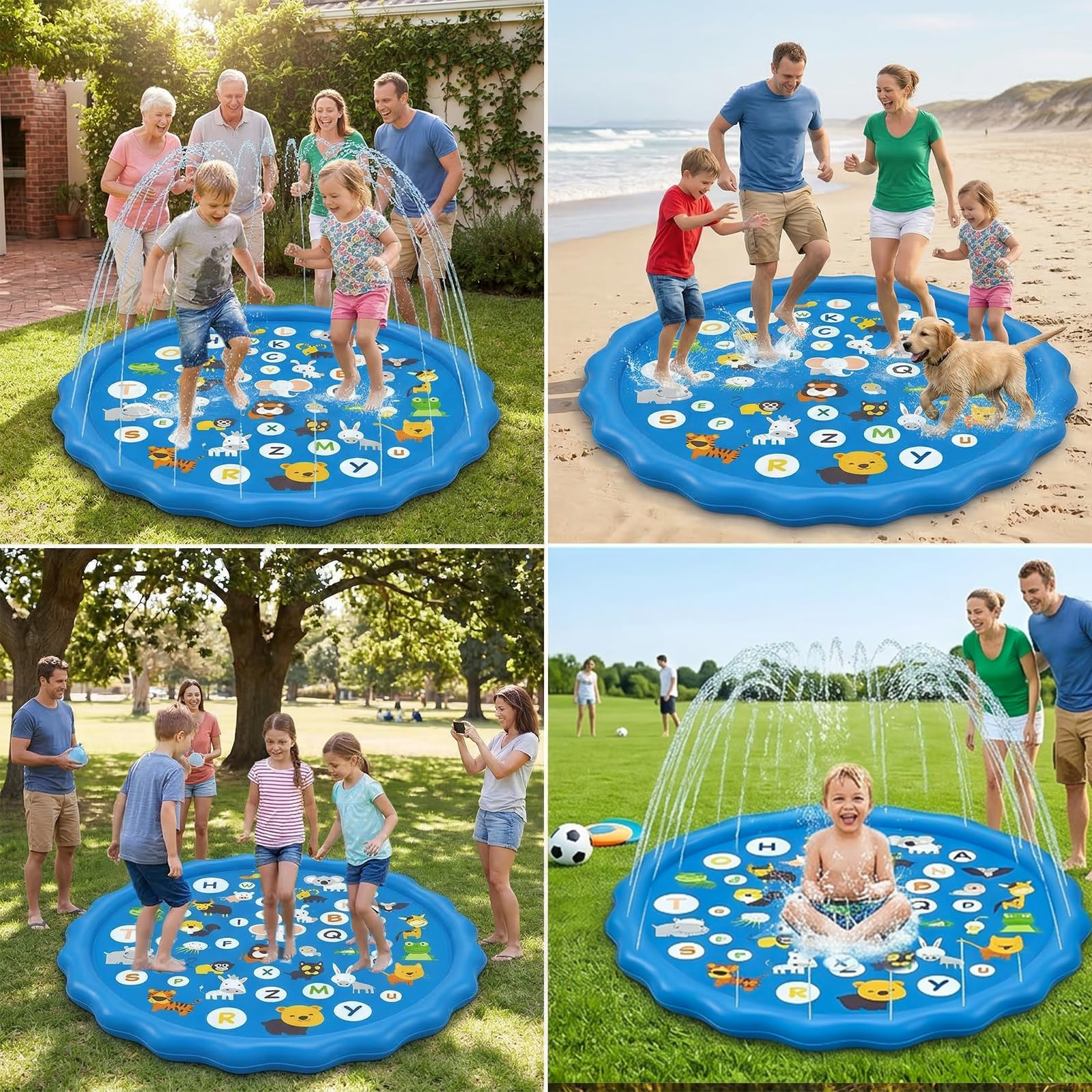 Tapis Jet d’Eau 170cm Splash Pad pour Enfants et Chiens avec 3 Hauteurs de Jet Réglables Tapis de Pulvérisation d’Eau Motif Fleur Bleu Ciel, Jeux d’Eau Extérieur pour Jardin Été Cadeau