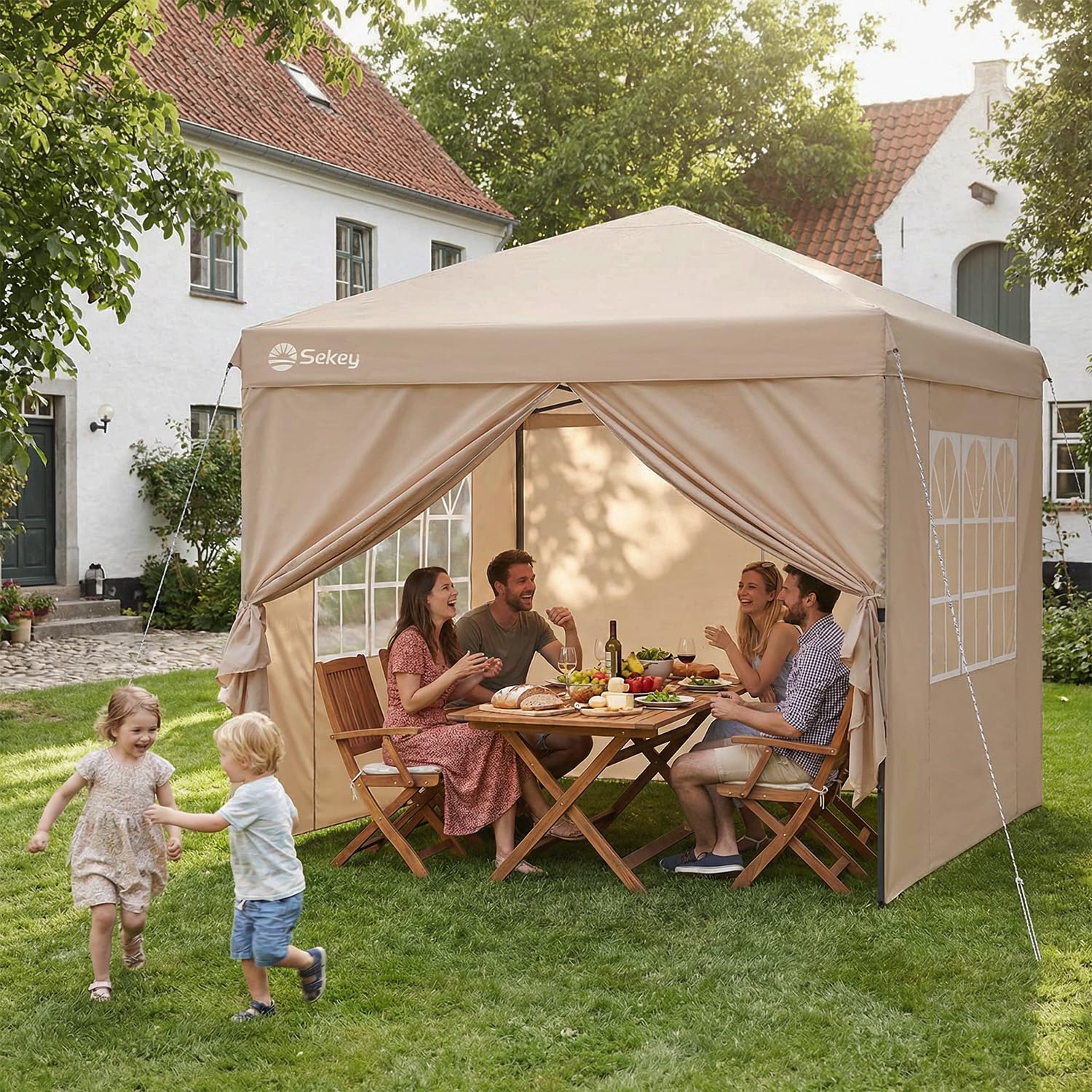 Sekey Tonnelle de Jardin 3x3m Imperméable Pop up, Barnum Pliant 3x3 avec Rideaux, Tonnelle de Jardin Exterieur, Anti UV Respirable Hauteur Réglable