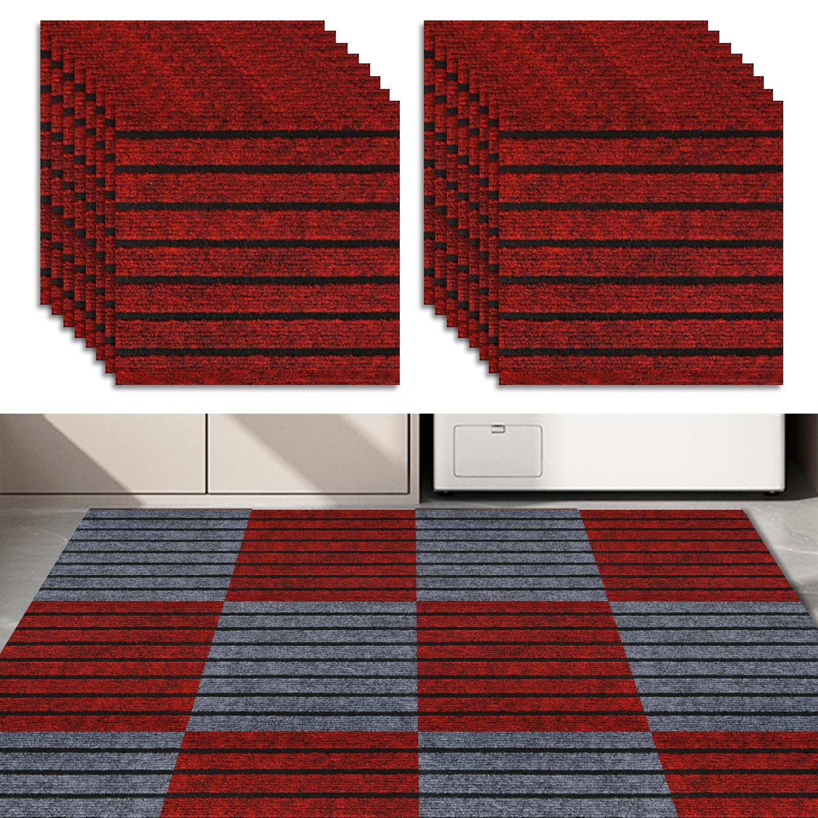 24PCS Self Adhesive Carpet Tile, 30 x 30cm Soft Anti Slip Splicable Peel and Stick Carpet Floor Tile, Decorative Interior Floor Stickers for Meeting Room (Red)