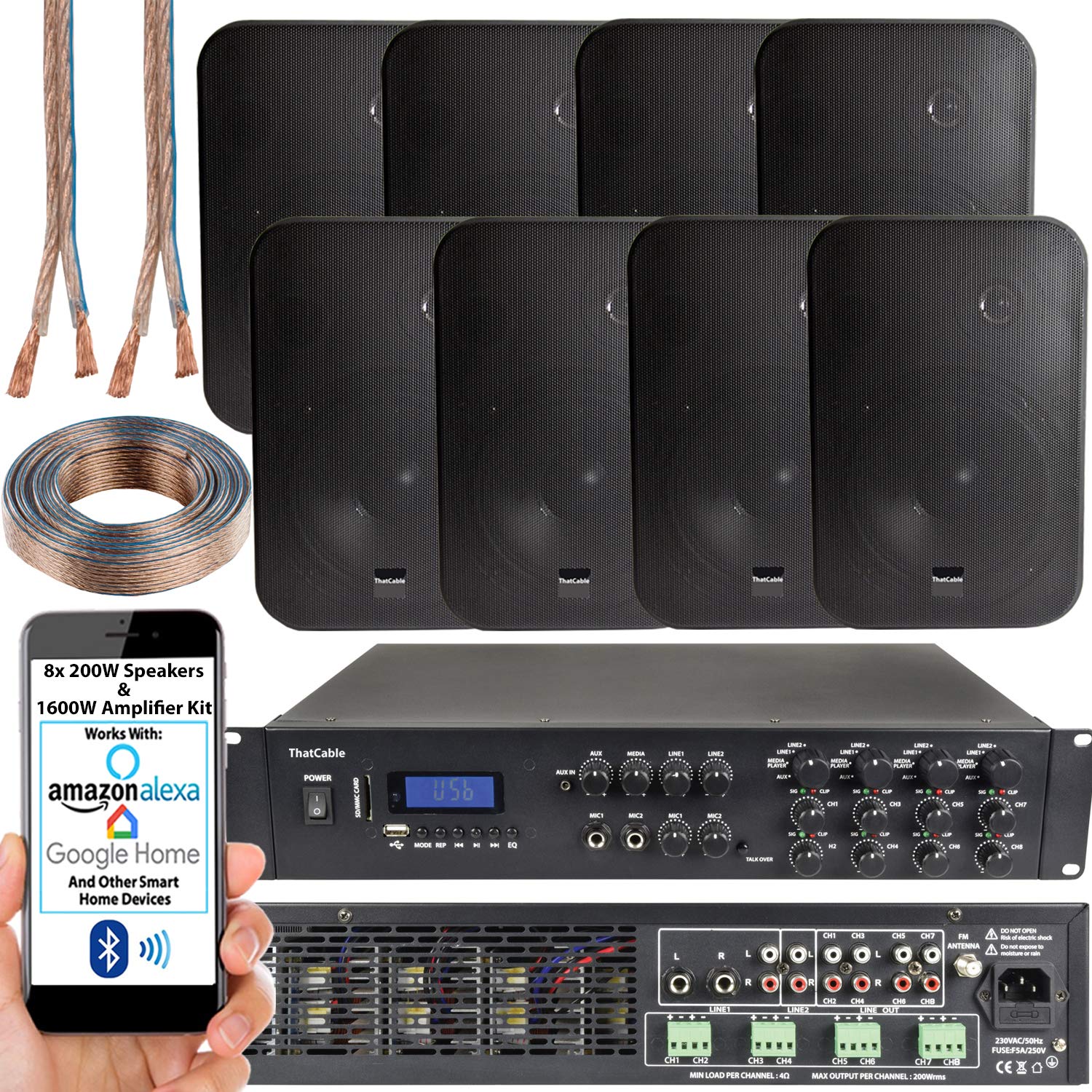 Buy 1600W Multi Zone Bluetooth Sound System 8 Channel HiFi Matrix Amplifier Amp Kit 8x 200W