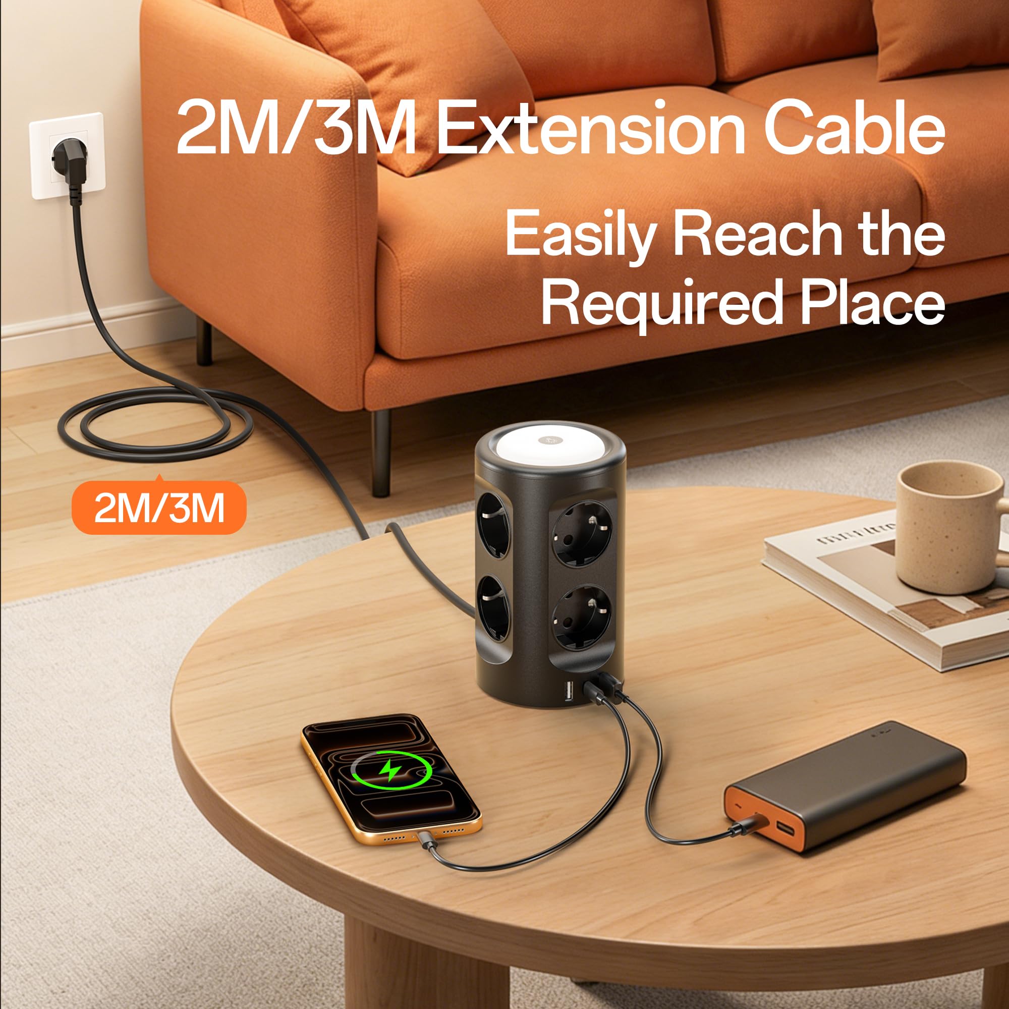Tour multiprise USB, 8 prises CA et 3 USB, 2 m avec lumière nocturne et interrupteur, multiprise de protection contre la surtension, prise multiple pour table, bureau, maison