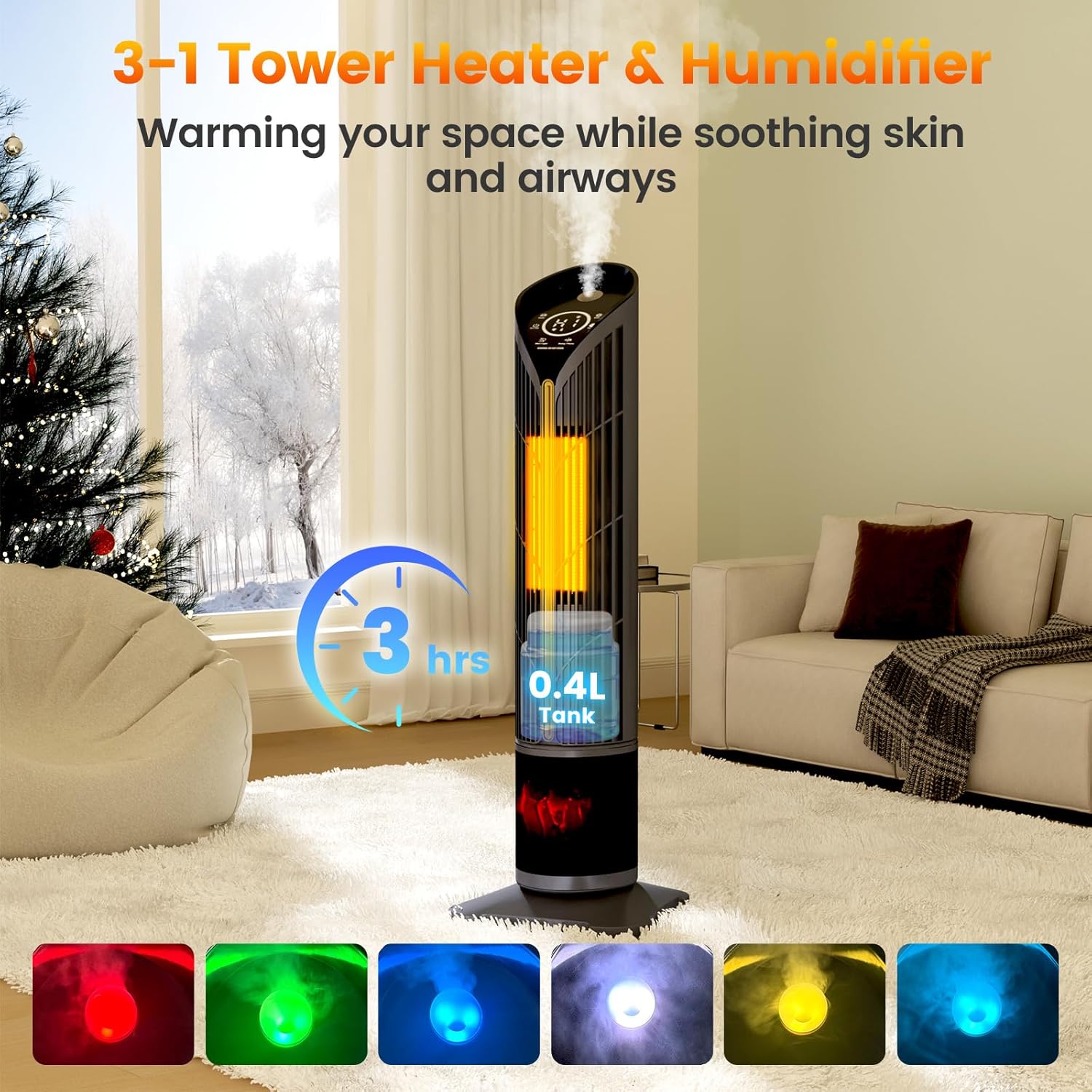 Auertech 28" Space Heater with Humidifier & LED Lights, 3 in 1 Electric Space Heater with 3D Flame, Oscillating Room Heaters with Eco Mode, 12H Timer, Space Heaters for Indoor Use Large Room, Bedroom