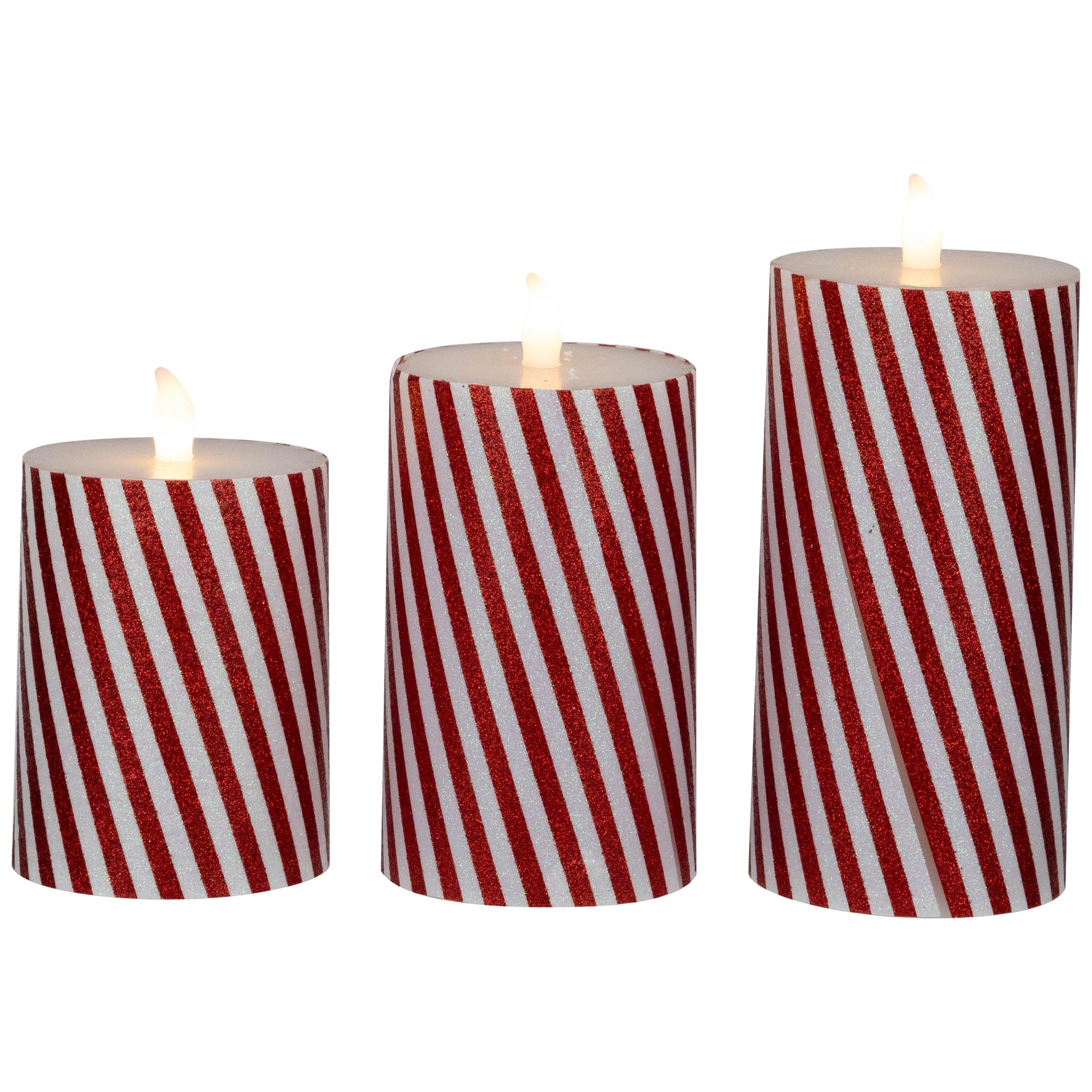 Northlight Set of 3 Flameless Glittered Candy Cane Stripes Flickering LED Christmas Wax Pillar Candles 6