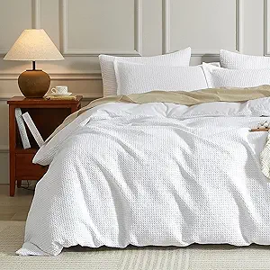 SE SOFTEXLY Waffle Duvet Cover Queen, 100% Cotton Waffle Weave Bedding Duvet Cover Set, Soft and Breathable Comforter Cover for All Season, 3 Pieces Including Pillow Shams(White, 90”x90”)