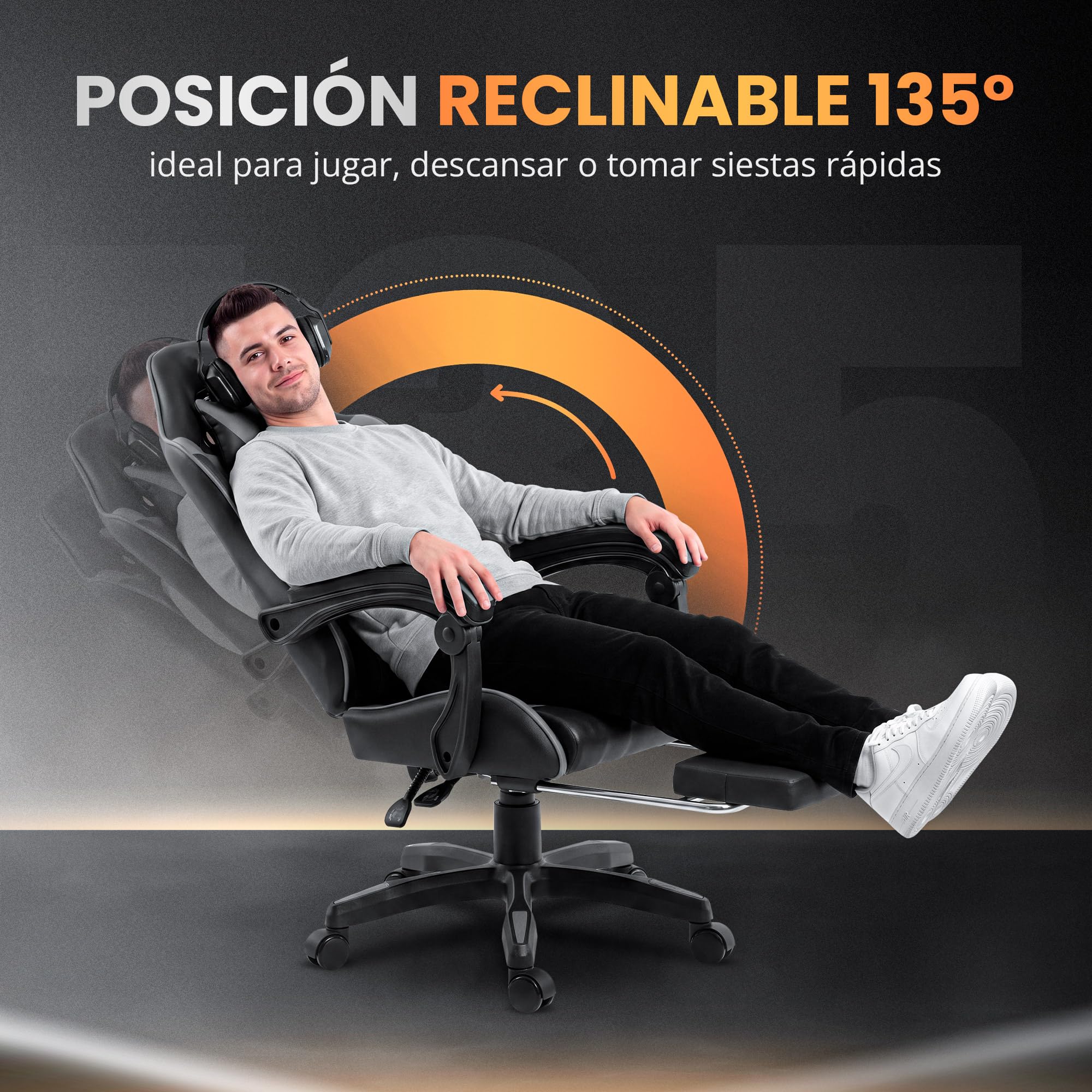 JUPPLIES Silla Gaming Profesional con Masajeador - Silla de Oficina Ergonómica, Altura Regulable y Respaldo Abatible - Silla Gamer (Gris, Acolchado Arriba, con Reposapiés)