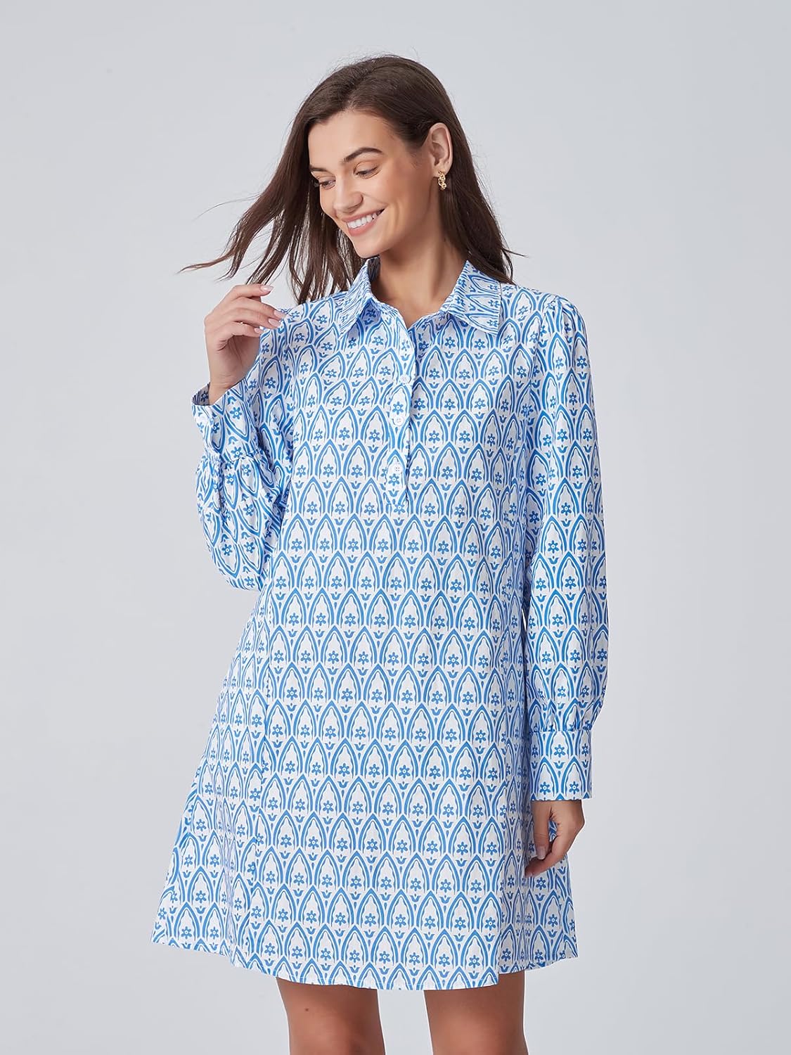 Floral Mini Dress Women Long Sleeve Holiday Sundress Button-Up Tunic Shirt Dress with Pockets - Image 4