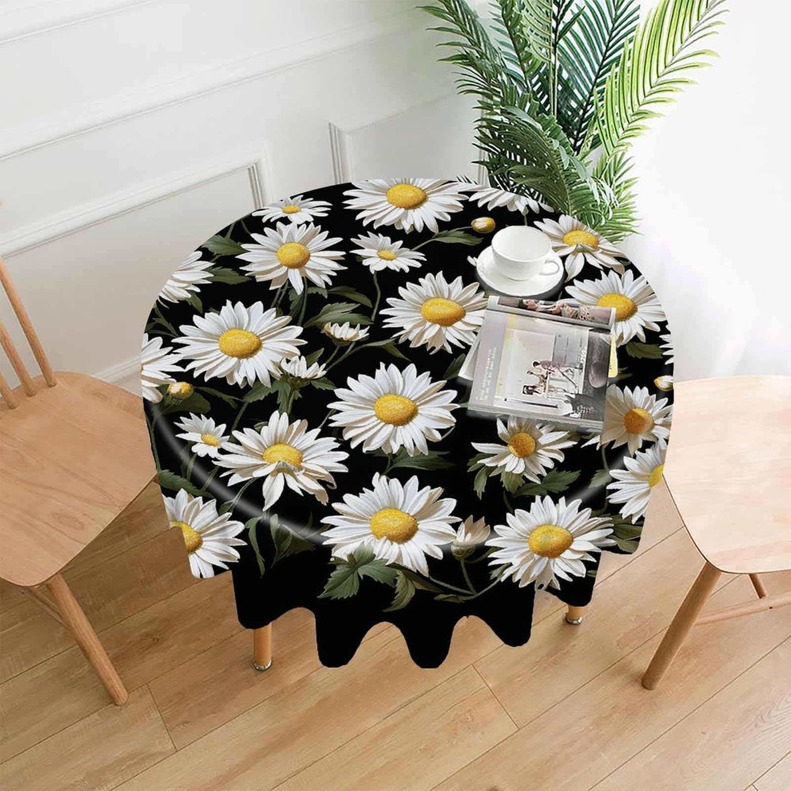 VstaDank Daisy Tablecloth Easy to Clean Polyester Round Table Cover Washable Round Table Cloth Wrinkle-Free Circle Decoration Tablecloth for Kitchen Dining Room 60"