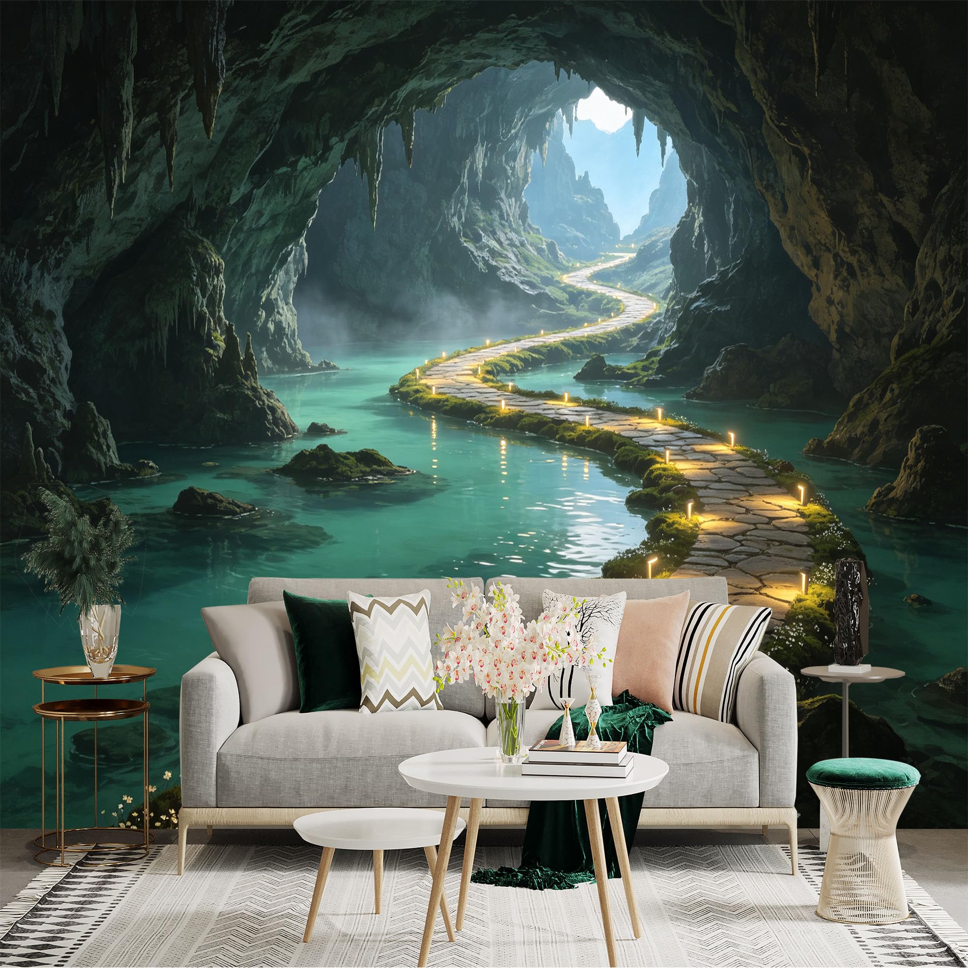 Custom Size Wall Sticker Mural， Mysterious Limestone Cave， Glowing Stone Path， Turquoise Underground River， for wall Decoration， peelandstick wall Decals.
