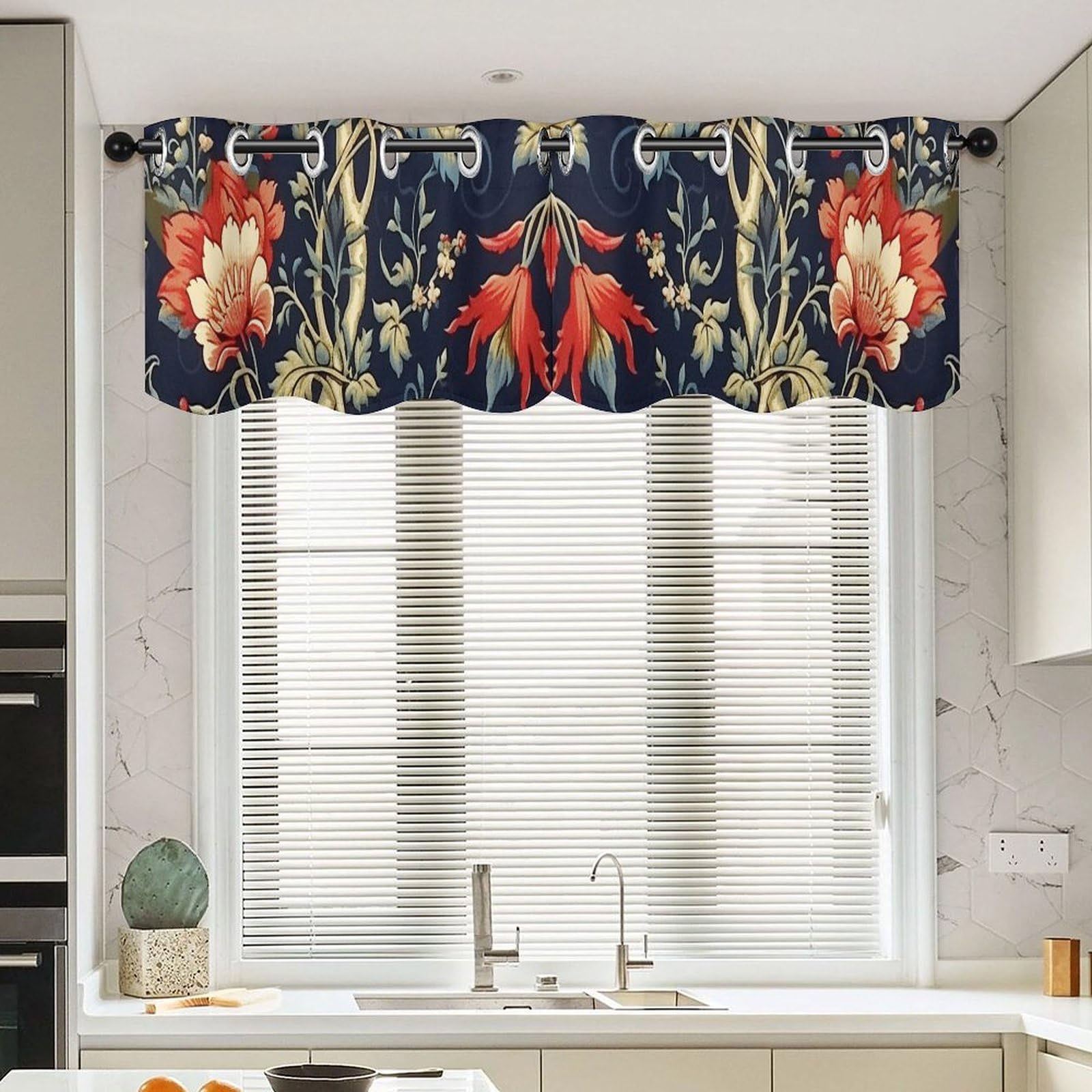 Cantonnière chinoiserie rideau floral bleu marine pour fenêtre de cuisine ethnique