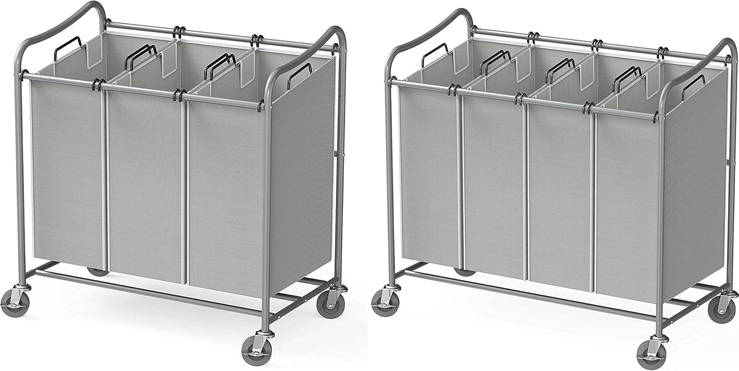 Simple Houseware Heavy-Duty 3-Bag Cart + 4-Bag Laundry Sorter Cart, Silver