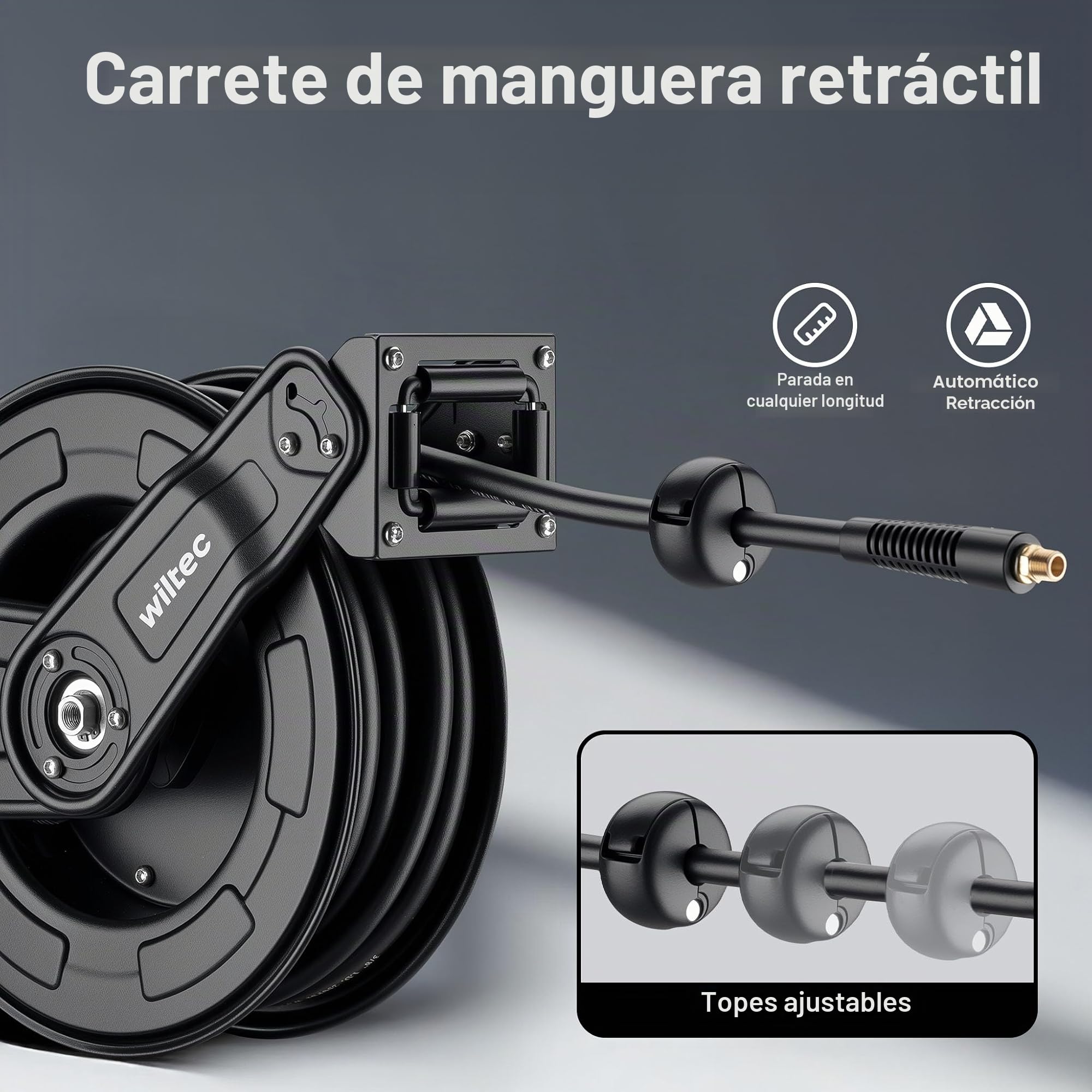 Wiltec Carrete de acero con manguera de aire híbrida 20 m para aire comprimido presión de trabajo hasta 20 bares montaje fácil enrollador automatico de la manguera