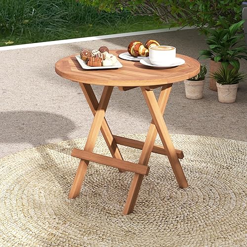 Miniatura 4 de Tangkula Mesa auxiliar plegable para patio, mesa auxiliar redonda de madera de teca con mesa de listones, marco de madera resistente en forma de X,