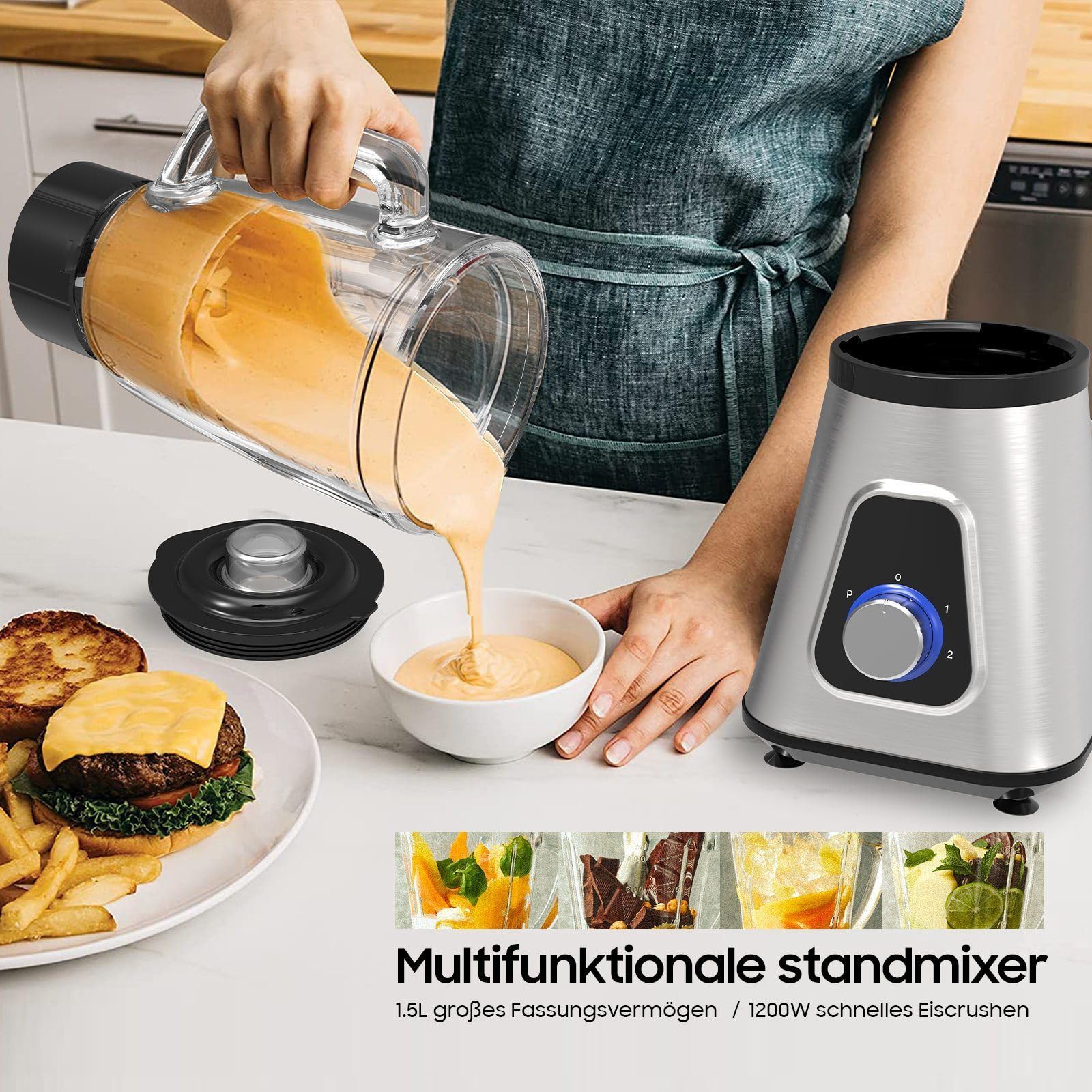 iceagle Mikser stojący Smoothie Maker – blender elektryczny 1300 W | mikser 2 w 1, dzbanek 1,5 l i kubek 600 ml, funkcja Ice-Crush, 2 poziomy prędkości, funkcja pulsu, 22000 obr./min dla gładkiej