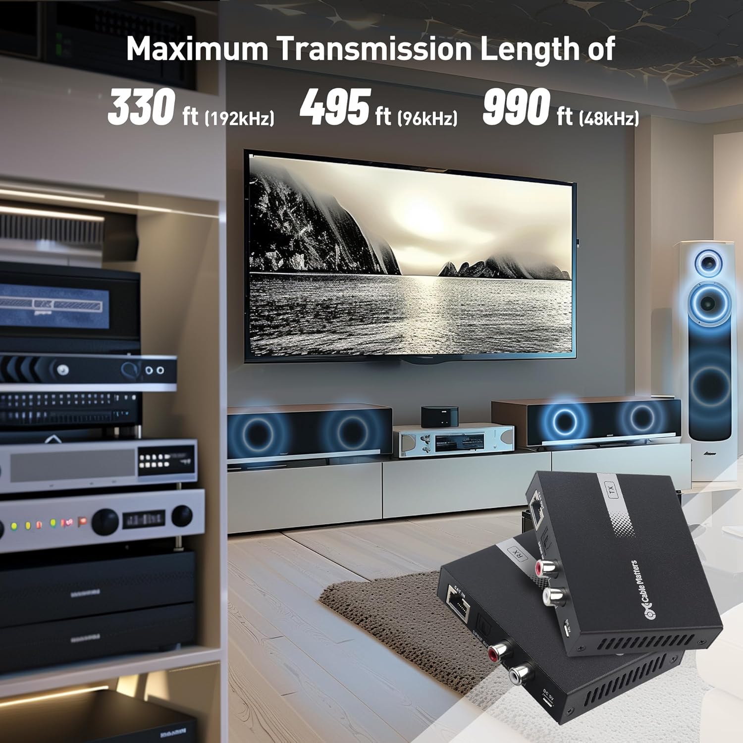 Cable Matters 990ft Extra Long Range Audio Over Ethernet Adapter Kit with Built-in Digital to Analog Converter(DAC), Support Optical Audio Toslink, L/R RCA & Toslink Cable 6 Feet with Metal Connectors