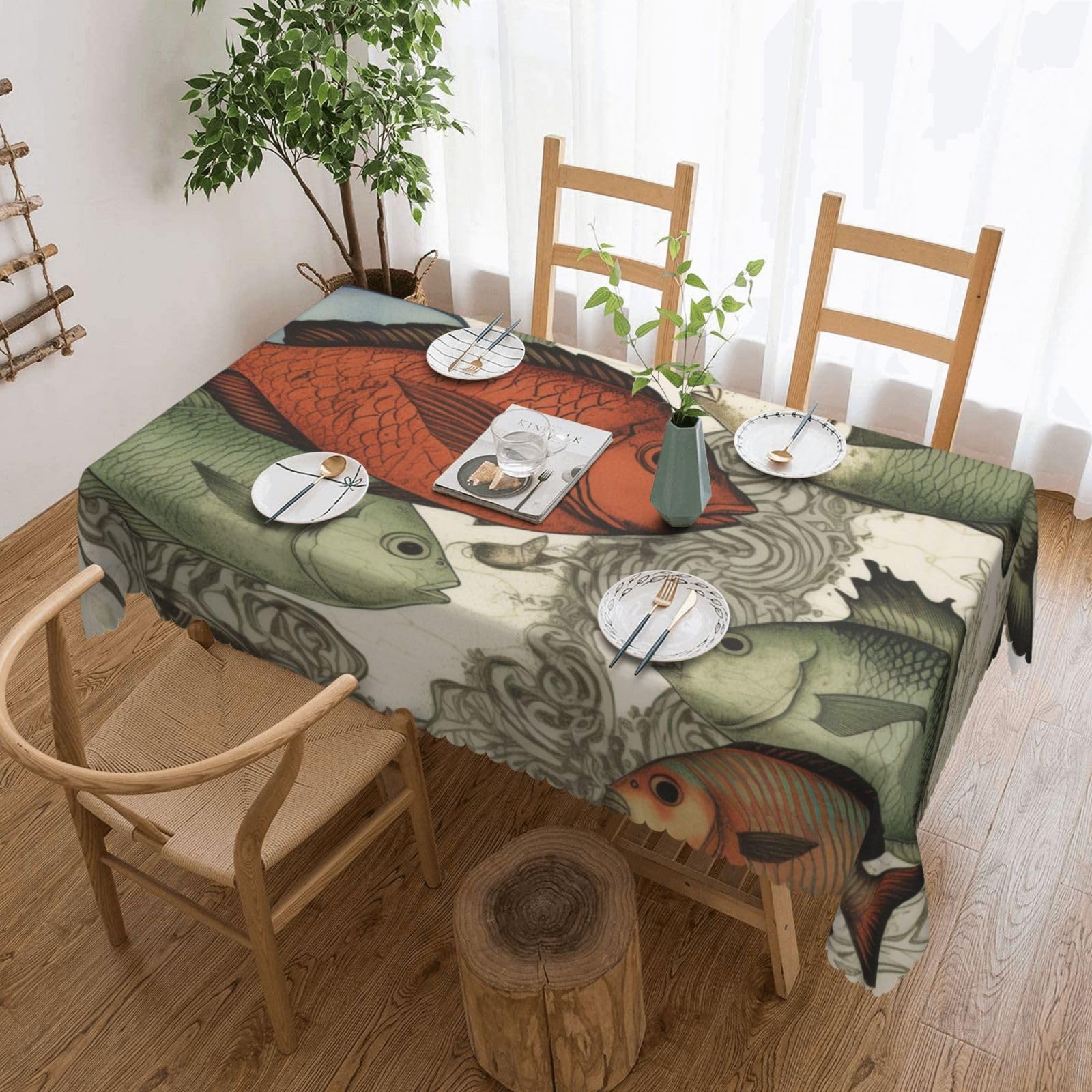 WPKJU Fish Printed Rectangle Tablecloth 72x54 Inch with Lace Trim, Water-Resistant Washable Table Cover for Farmhouse Weddings, Outdoor Picnics & Holiday Dining