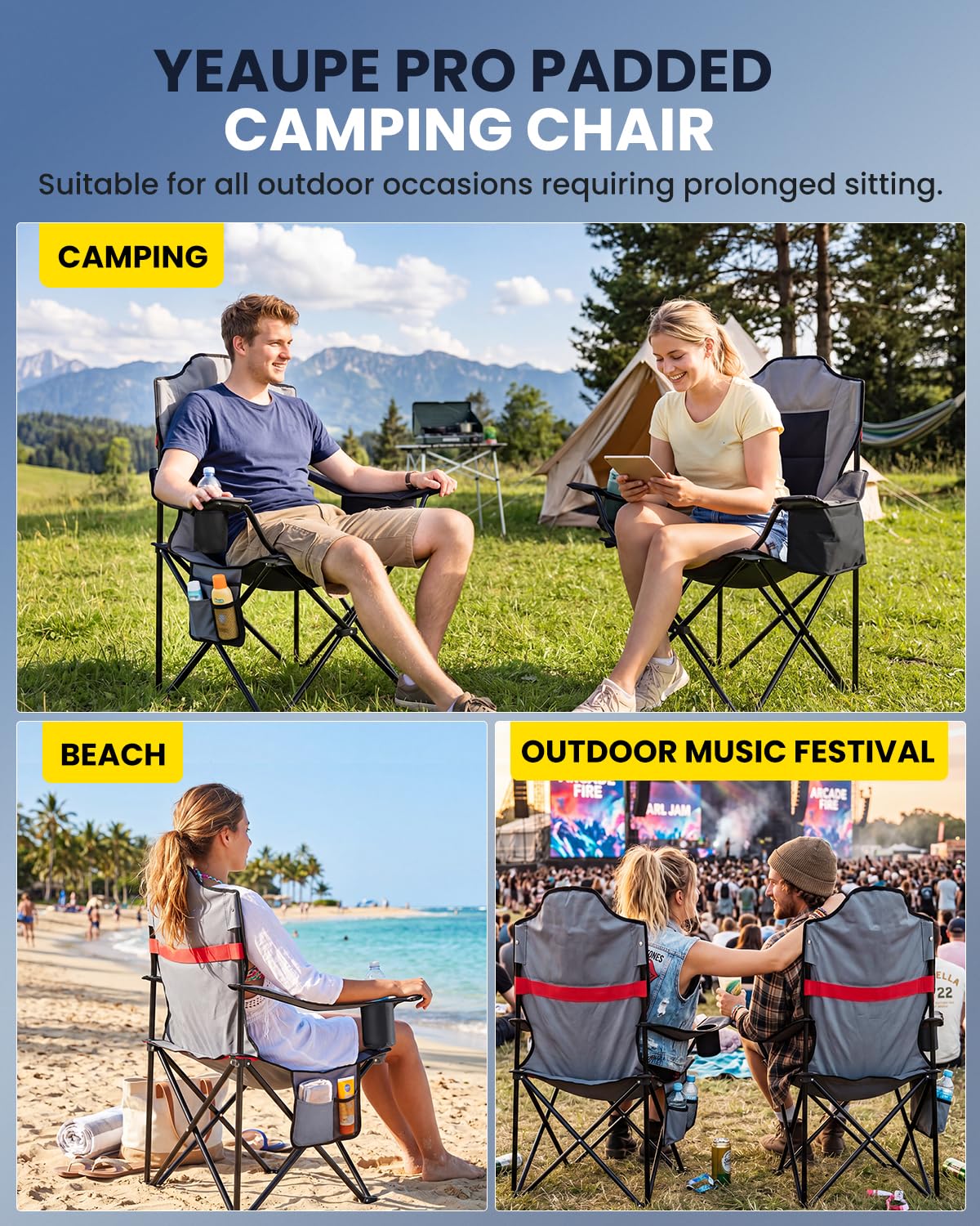 YEAUPE PRO Silla de Camping Plegable y Acolchada,Respaldo Alto,hasta 150 kg | Sillas de Pesca Extra Cómoda, con Bolsa Térmica, Portavasos y Bolsa de Transporte, para Camping, Playa, Festivales