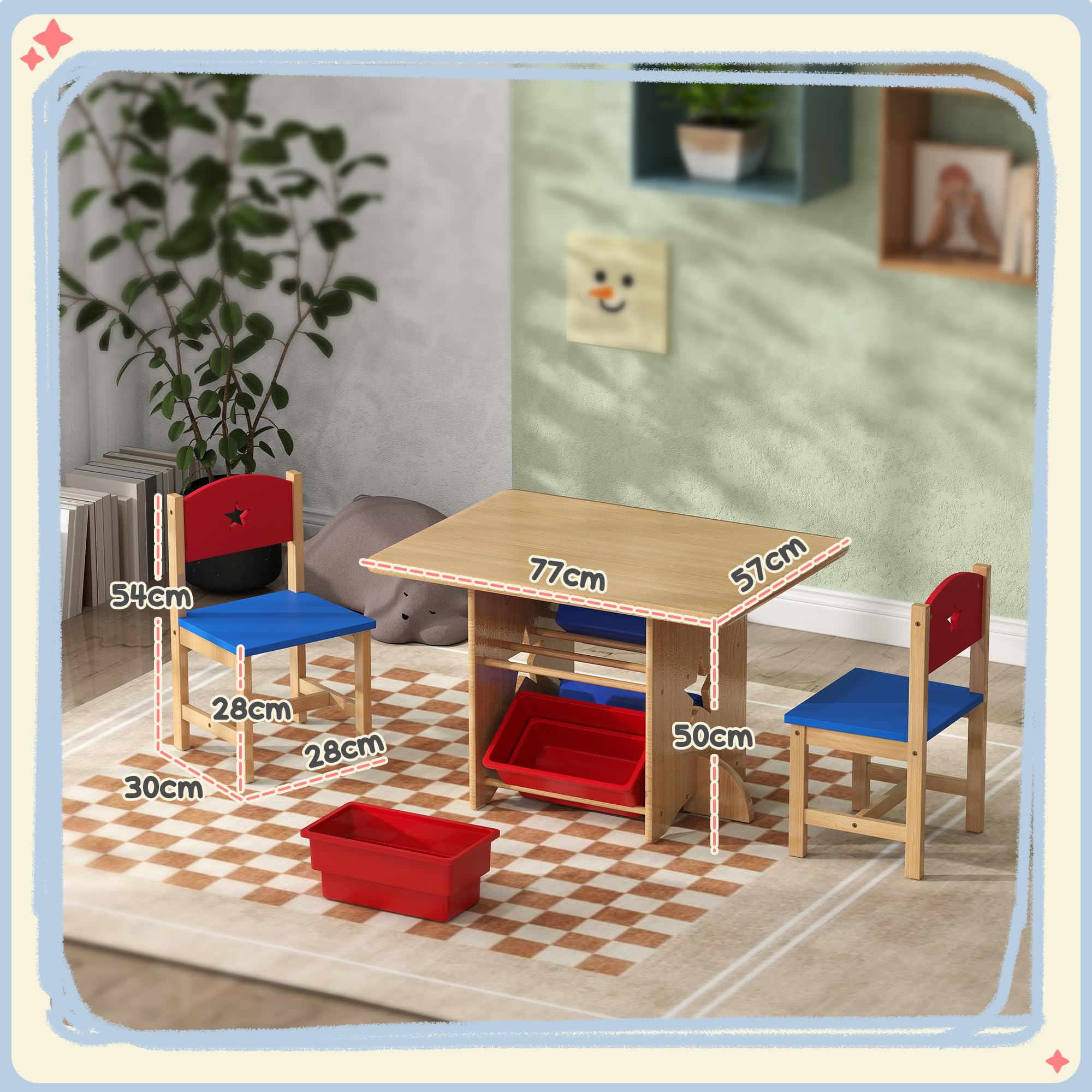 AIYAPLAY Table Enfant avec 2 chaises, Ensemble 3 pièces en Bois, 4 bacs de Rangement, pour Enfants 3-7 Ans