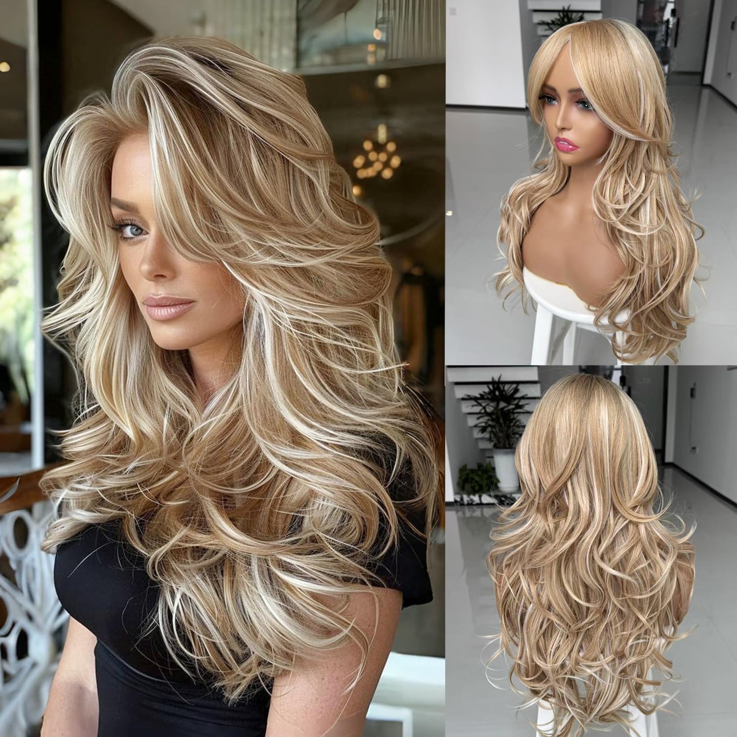 Jadeadyseg Platinum Blonde Highlight Ombre Light Brown Wig Long Wavy Layererd Wigs with Curtain Bangs for White Black Women,Synthetic Blonde Highlight
