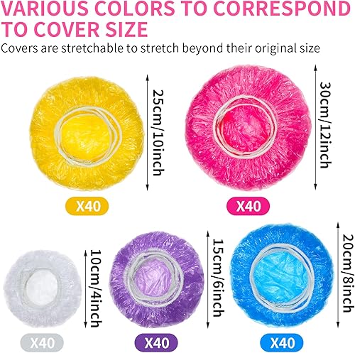 Miniatura 5 de Cunhill 200 fundas de plástico para tazones de 5 tamaños a granel, envoltura de plástico reutilizable para alimentos, masa madre y pan, fundas