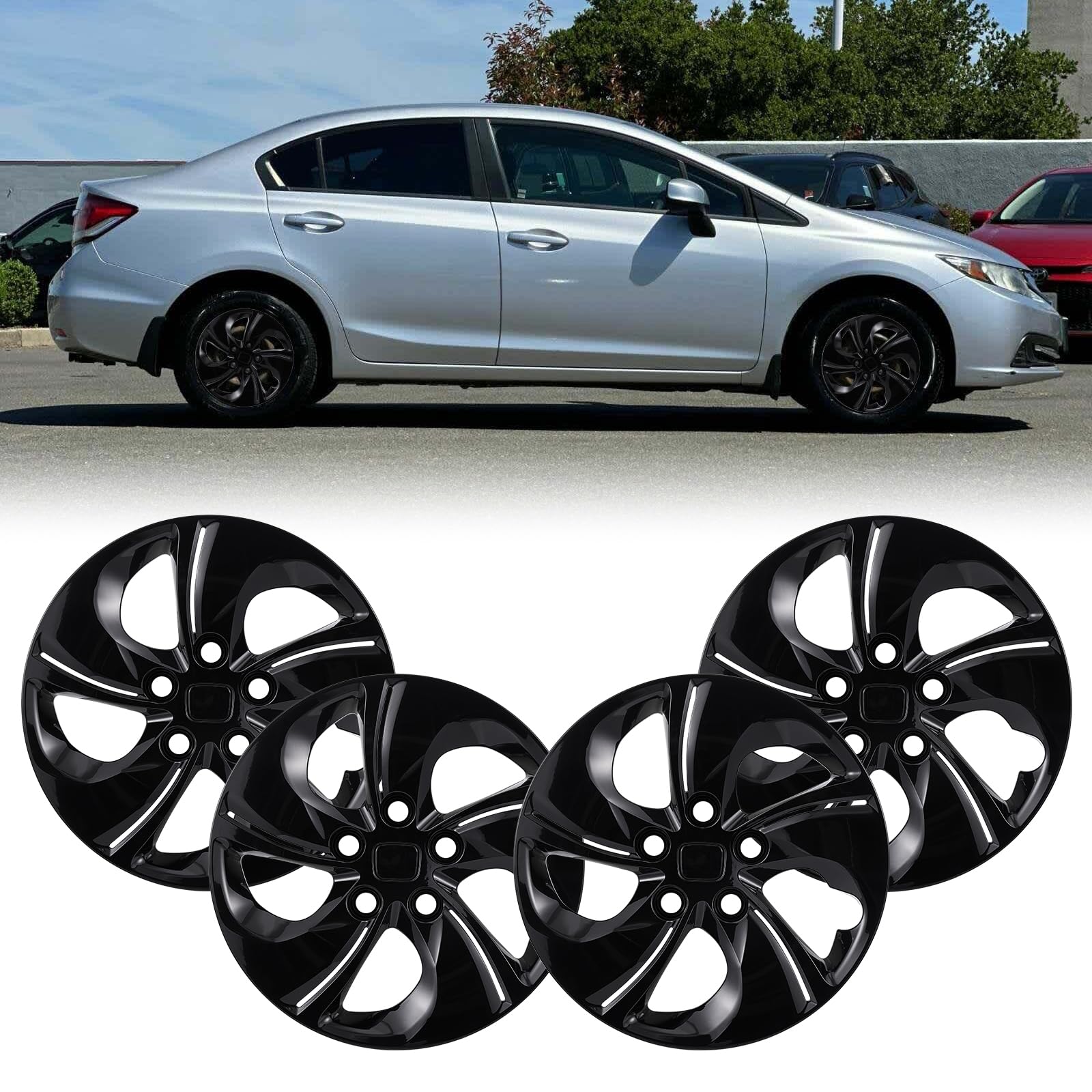 15'' hubcaps wheel covers for 2013-2015 honda civic sedan & 2013 honda civic coupe, abs+pc plastic bolt-on hubcap replacement set of 4, 15 inch glossy black oem# 44733-tr3-a00