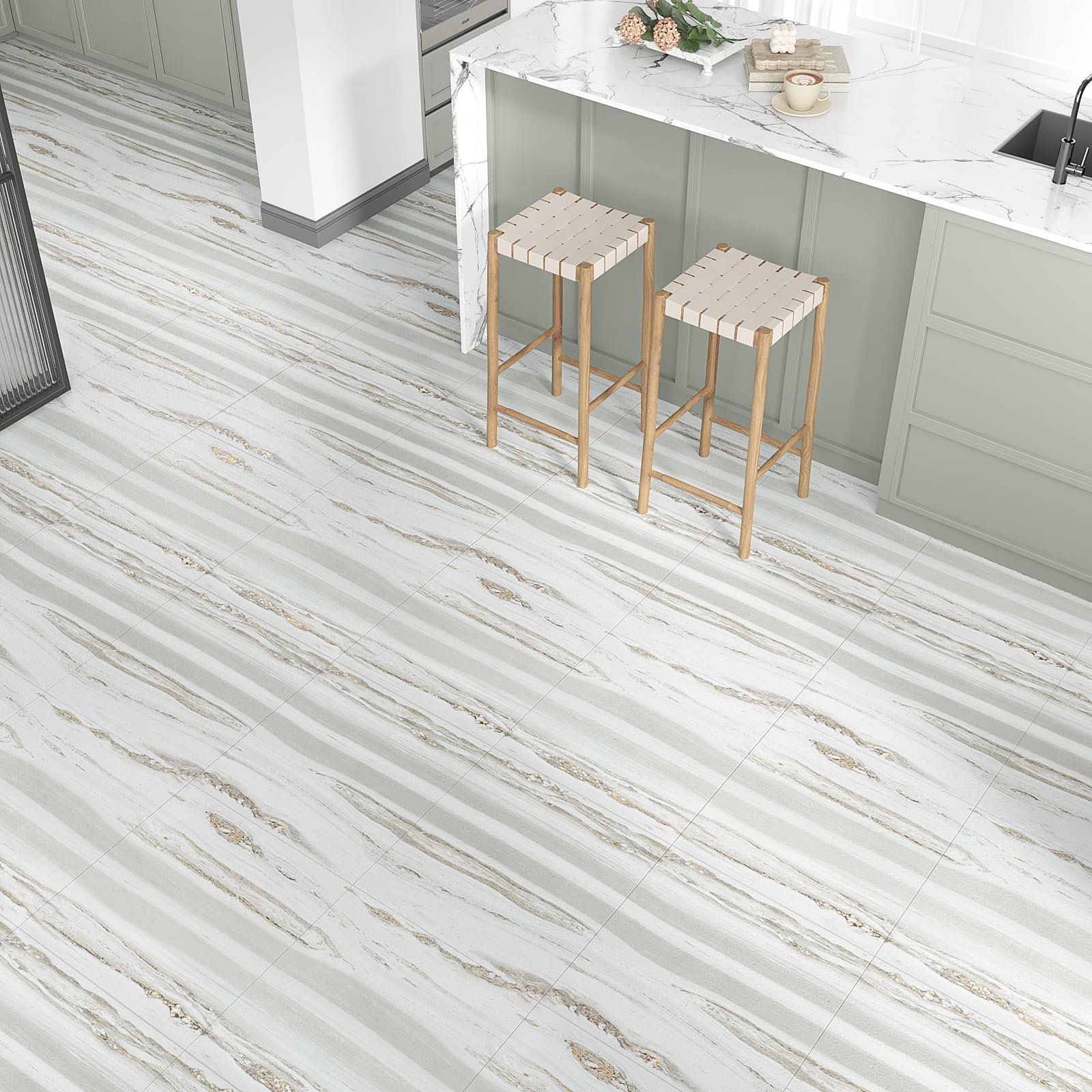 VEELIKE Piastrelle Adesive Pavimento Effetto Pietra Beige Grigio Pavimento in PVC Effetto Legno Pavimento PVC Adesivo Camera da Letto Piastrelle Adesive Cucina Impermeabile 1.5mm 30cm x 30cm 12 Pezzi
