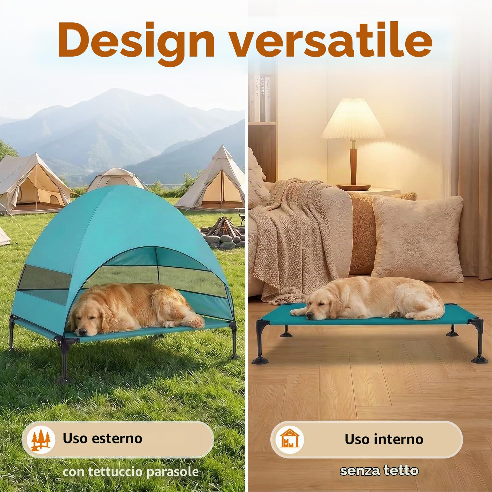 Cuccia rialzata per cani per esterni, con tetto resistente ai raggi UV, pieghevole con piedini antiscivolo, tenda per cani con grande ombra, letto rinfrescante per cani, per campeggio, giardino (acqua