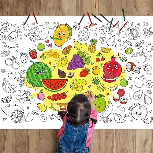 ZOIIWA Póster de verano para colorear de frutas para niños, póster gigante para colorear de frutas, mantel grande para colorear de frutas, libros