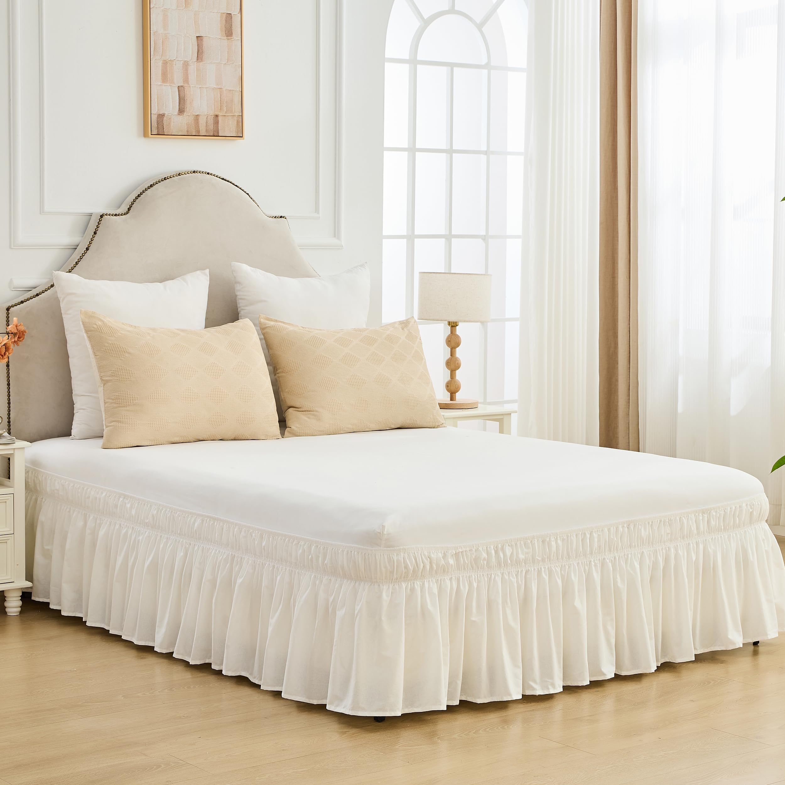 BISELINA Wrap Around Bed Skirts 17' Drop, Cotton Adjustable Elastic Dust Ruffles
