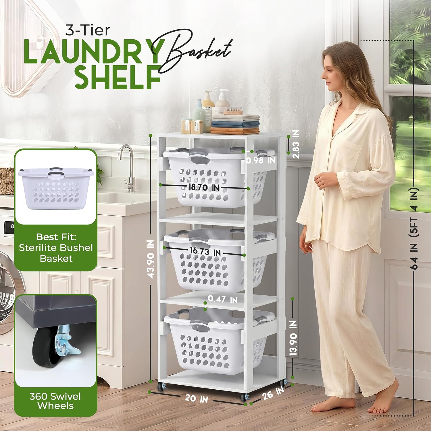 Laundry Basket Holder Shelf – Stackable Engineered Wood Laundry Tower, Tiered Hamper Organizer for Bathroom, Bedroom, Closet (White, 3 Tier)