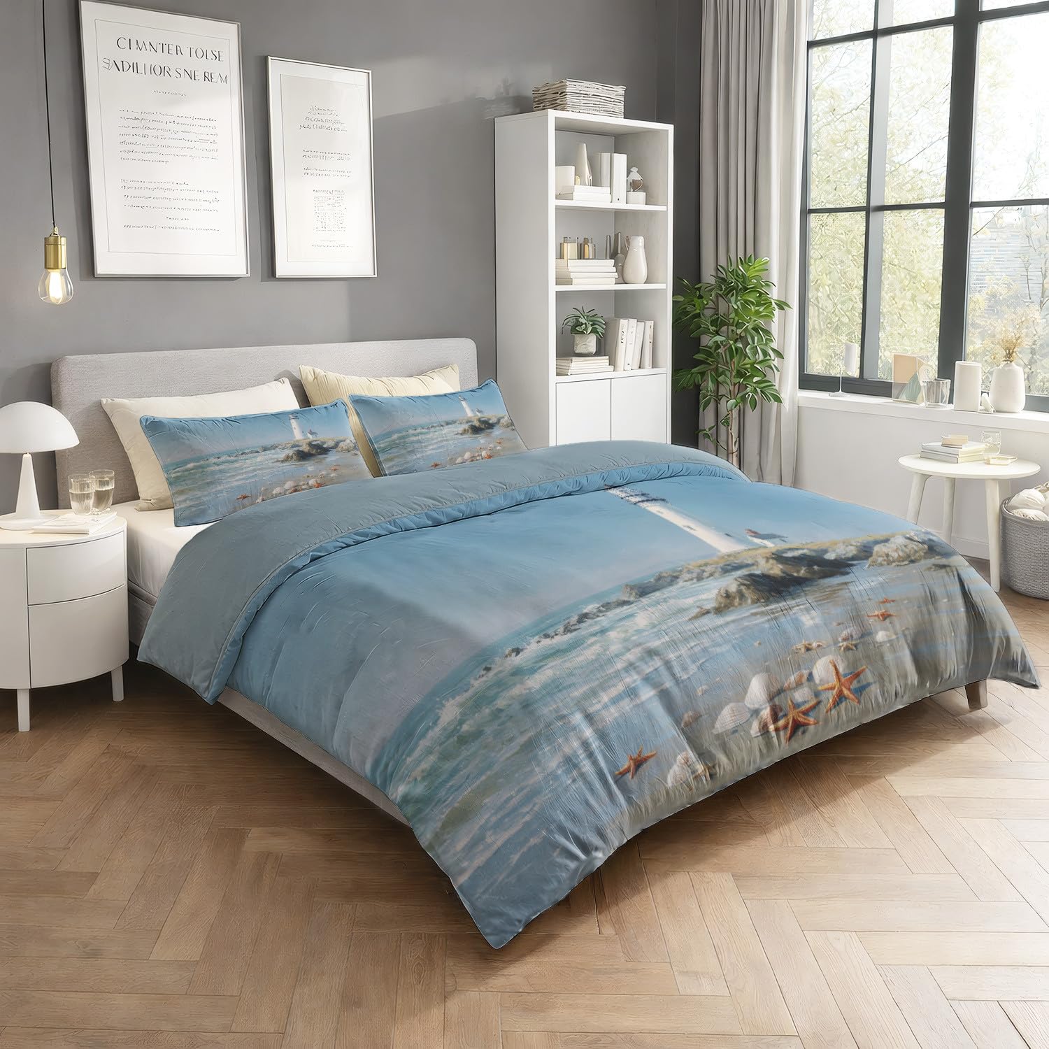 Juego de Funda Nórdica Azul Cielo con DiseñO Fotografía Realista Faro Amanecer Conchas Tranquilo, Tejido Suave y Transpirable, TamañO 220 x 240 cm - Ropa de Cama con Cremallera