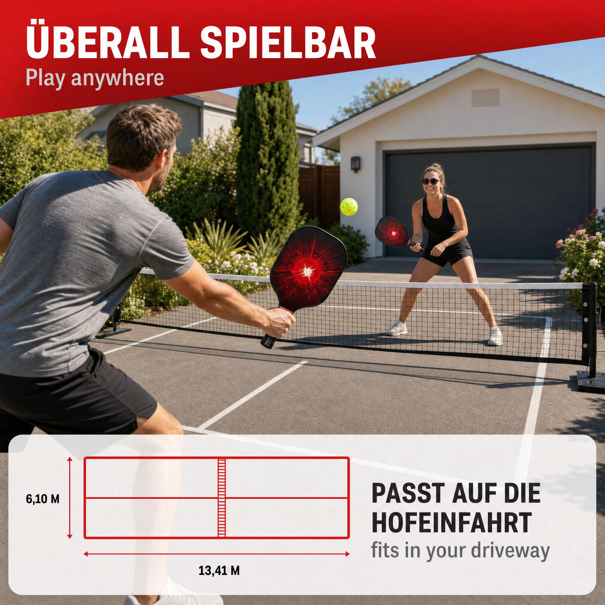 Blaze Pickleball Set - 2 raquettes de pickleball + 4 balles USAPA + sac - Pagaie en fibre de verre - Kit complet pour débutants et confirmés (rouge/noir)