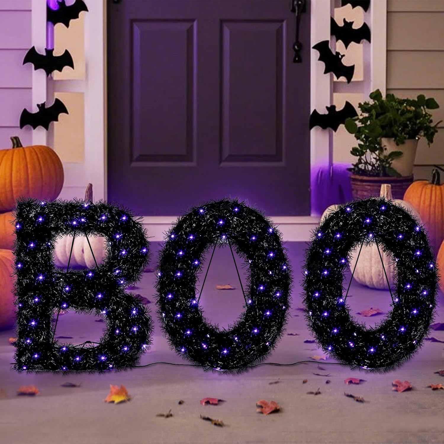 ATDAWN 3 Piece Outdoor Boo Sign Halloween Decoration, Lighted Boo Yard Display Set, Boo Yard Sign for Halloween Indoor Lawn Decor, Black & Orange
