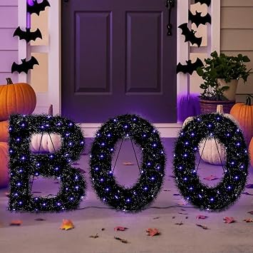 ATDAWN 3 Piece Outdoor Boo Sign Halloween Decoration, Lighted Boo Yard Display Set, Boo Yard Sign for Halloween Indoor Lawn Decor, Black & Purple