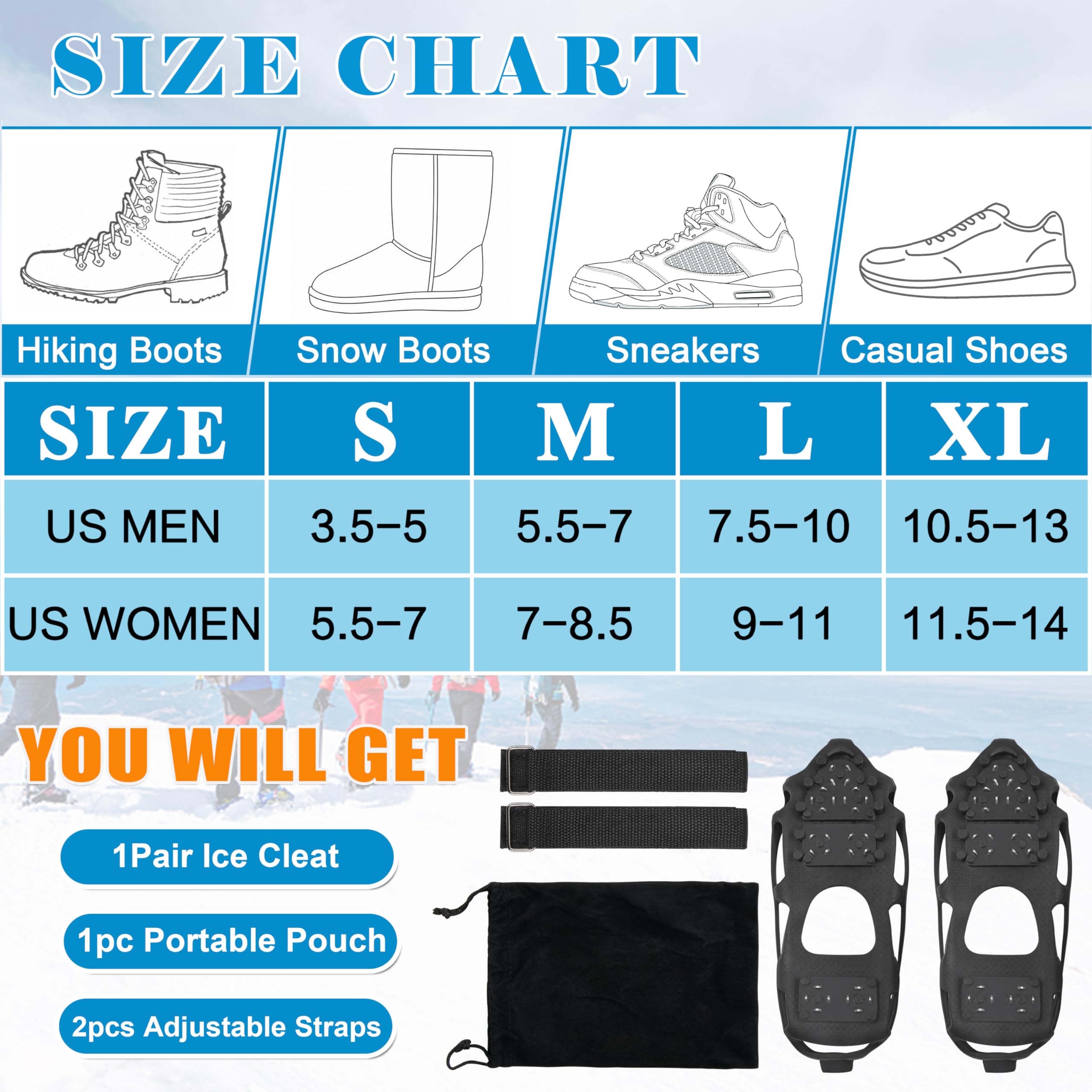 Crampons de traction antidérapants pour chaussures et bottes pour la marche d'hiver sur la neige et les bottes de glace pour homme et femme pour la marche, le jogging, la randonnée