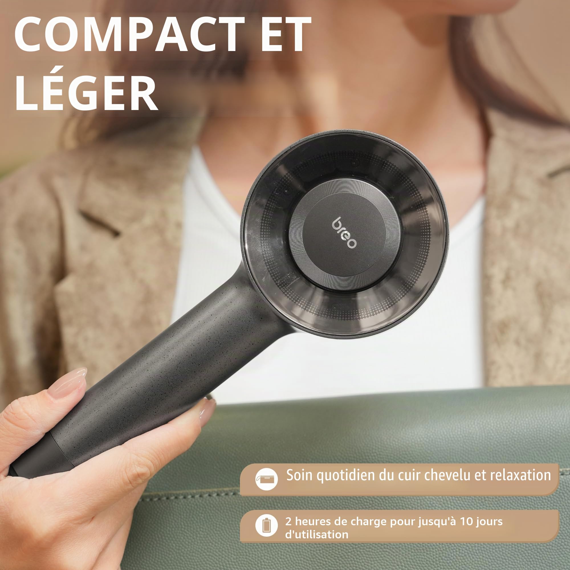 Breo Scalp3L Masseur de cuir chevelu laser pour la repousse des cheveux, masseur Shiatsu pour cuir chevelu avec thérapie à la lumière rouge, étanchéité IPX7, masseur électrique sans fil pour la