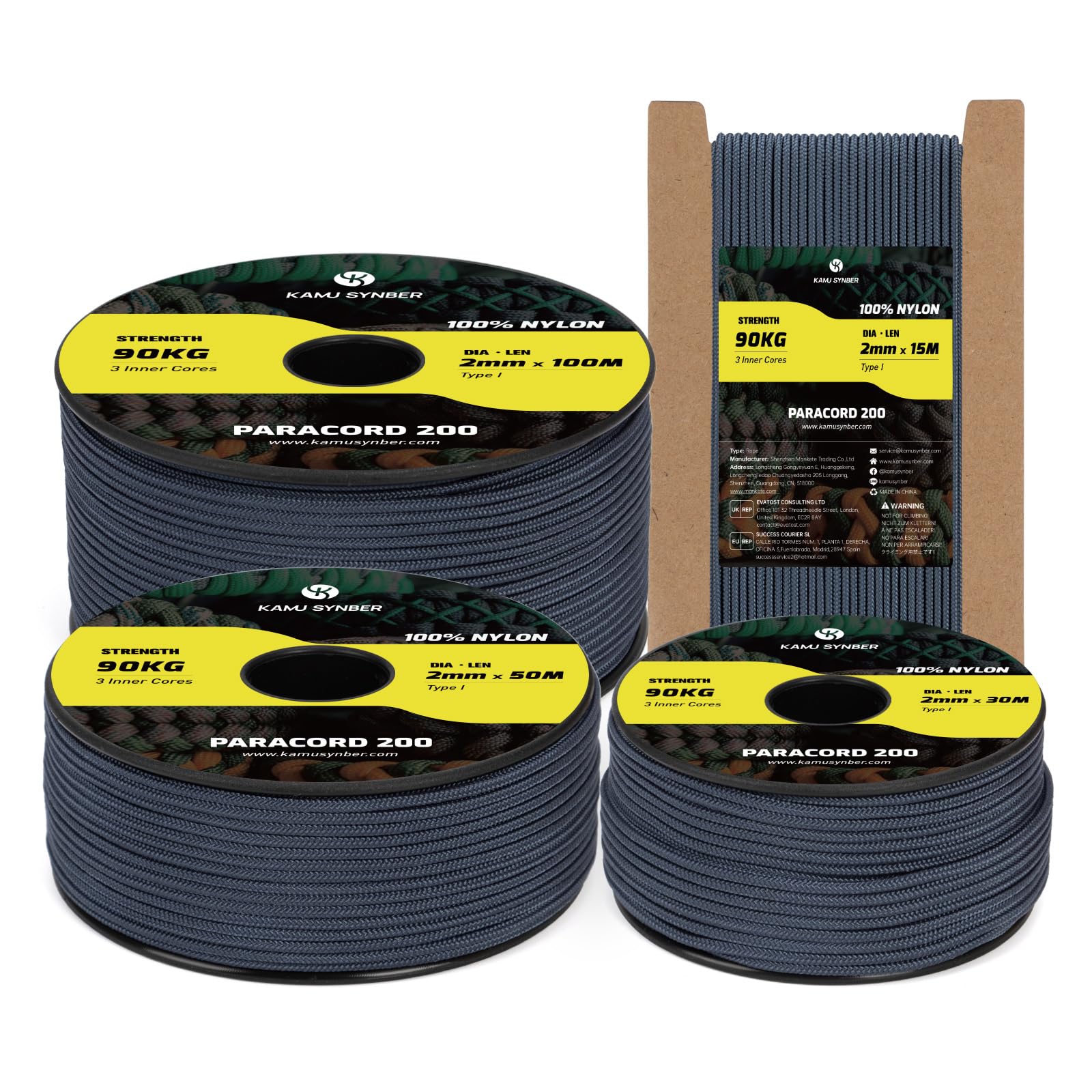 Kamu Synber Paracord 2mm 3 Strands 100M 100% Nylon Rope Type I Parachute Cord for Craft, Outdoor, DIY, Camping | Support 90kg | Navy Blue