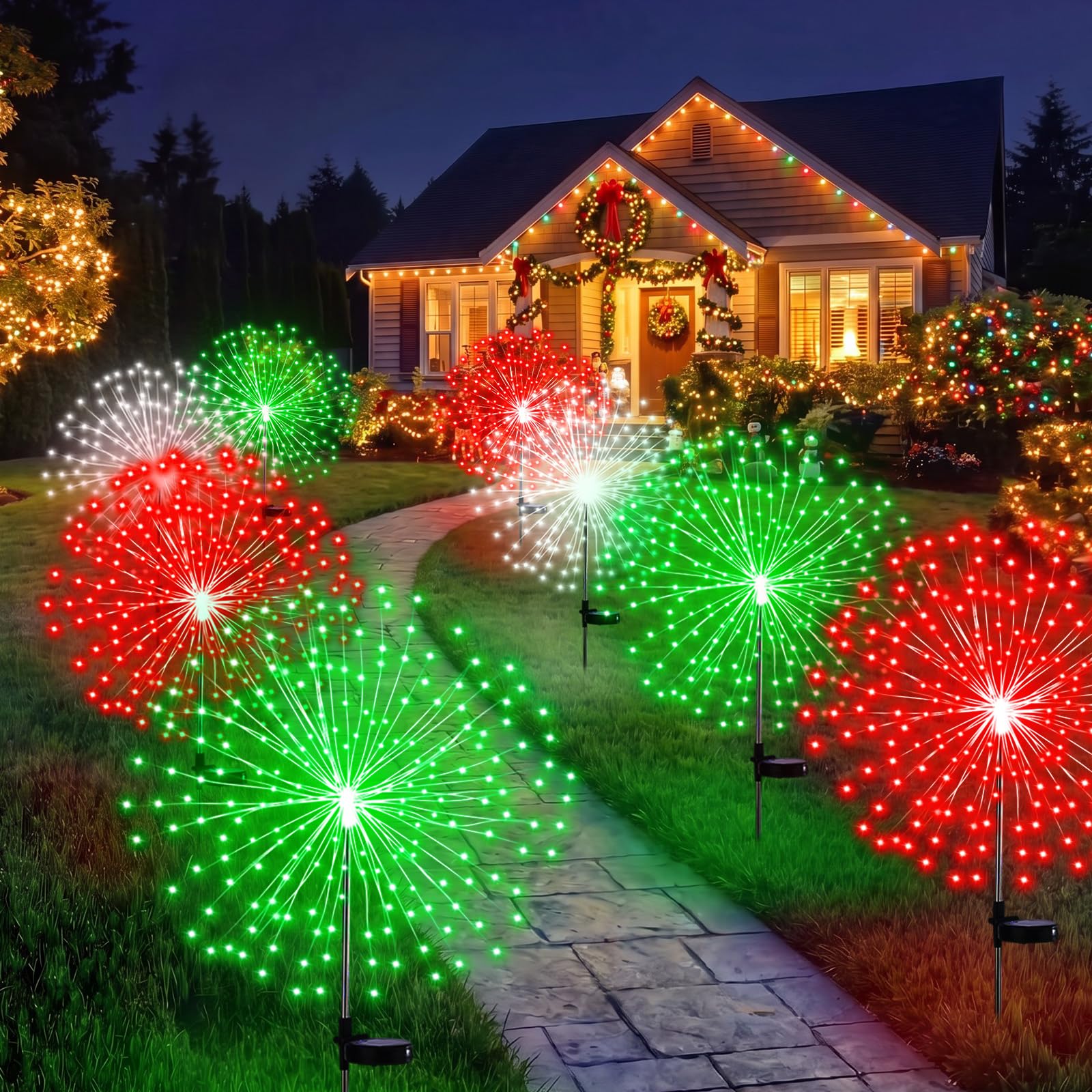 Tujoe Lot de 6 lampes solaires sur piquet de Noël 180 LED 8 modes - Étanches - Décoration d'extérieur pour jardin, terrasse, cour, allée, pelouse, décoration de Noël (rouge, vert, blanc)