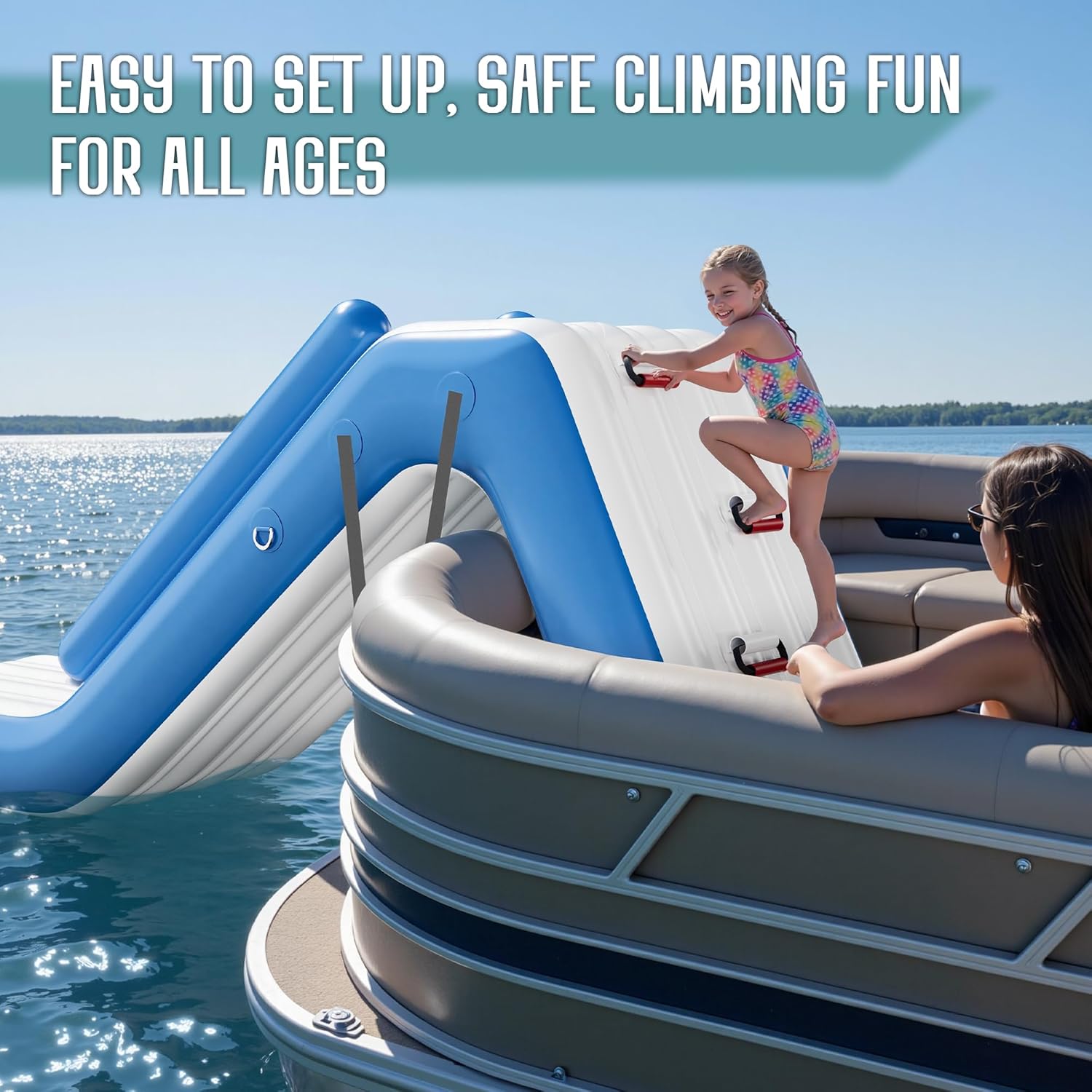 SPECRAFT 10L×2.6W×4H FT Inflatable Pontoon Water Slide with Climbing Handle, White & Blue, Outdoor Waterfall Slide for Adults & Kids, Easy Setup Lake & Boat Water Fun