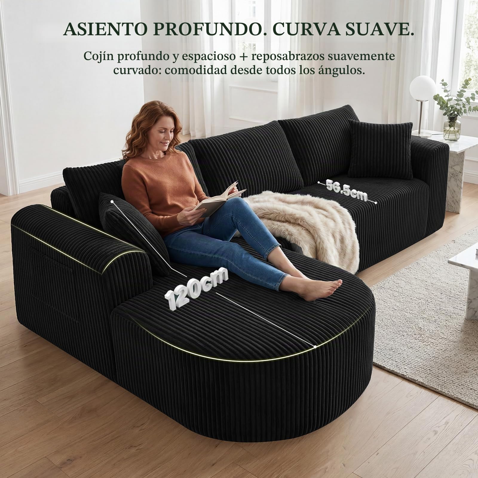 COMHOMA Sofá esquinero con función de dormir, 243 cm, sofá modular sin boneless con chaise longue, sofá cama seccional con cojines y bolsillos laterales, sofá para salón, sin montaje, color negro