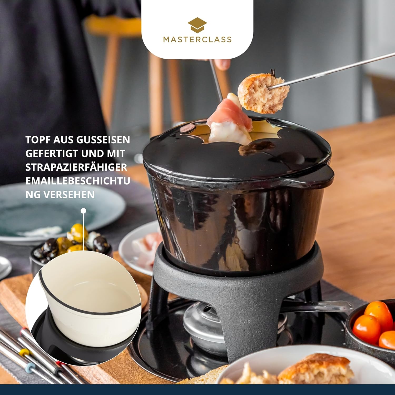 MasterClass Cast Iron Fondue Set, 21 x 18 cm – Black Fondue Pot for Cheese, Chocolate & Meat – Enamel Coated with Burner & 6 Forks