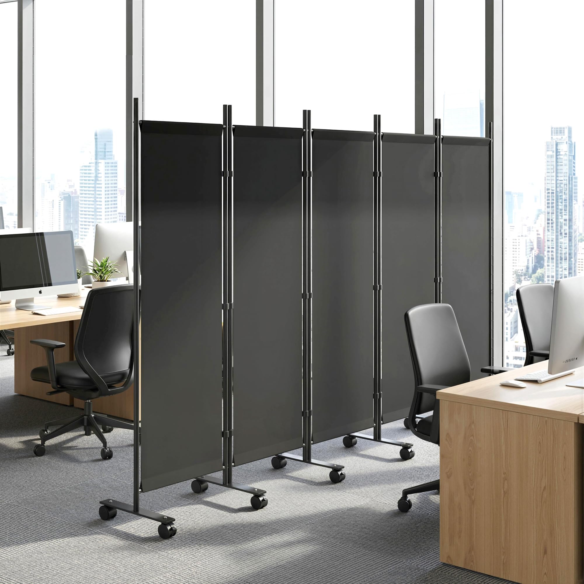 Outsunny Paravento da Interno a 5 Pannelli Pieghevole, 252x40x170 cm Separe Divisorio Interno in Acciaio con 12 Ruote, Divisorio per Ambienti Autoportante per Casa, Soggiorno e Ufficio, Nero