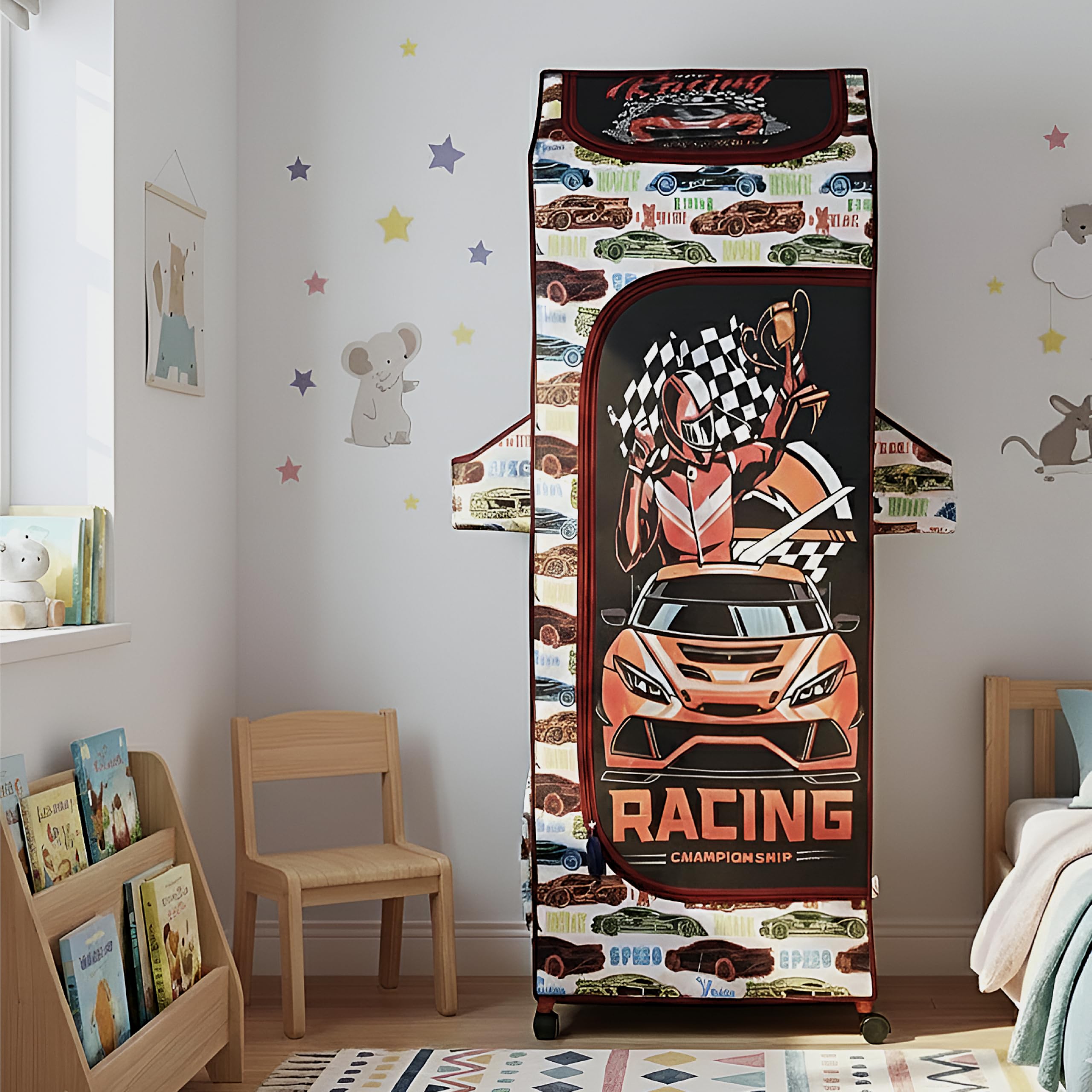 Character Edition Car Racer Wardrobe, Portable 5-Shelf Organizer with Wheels