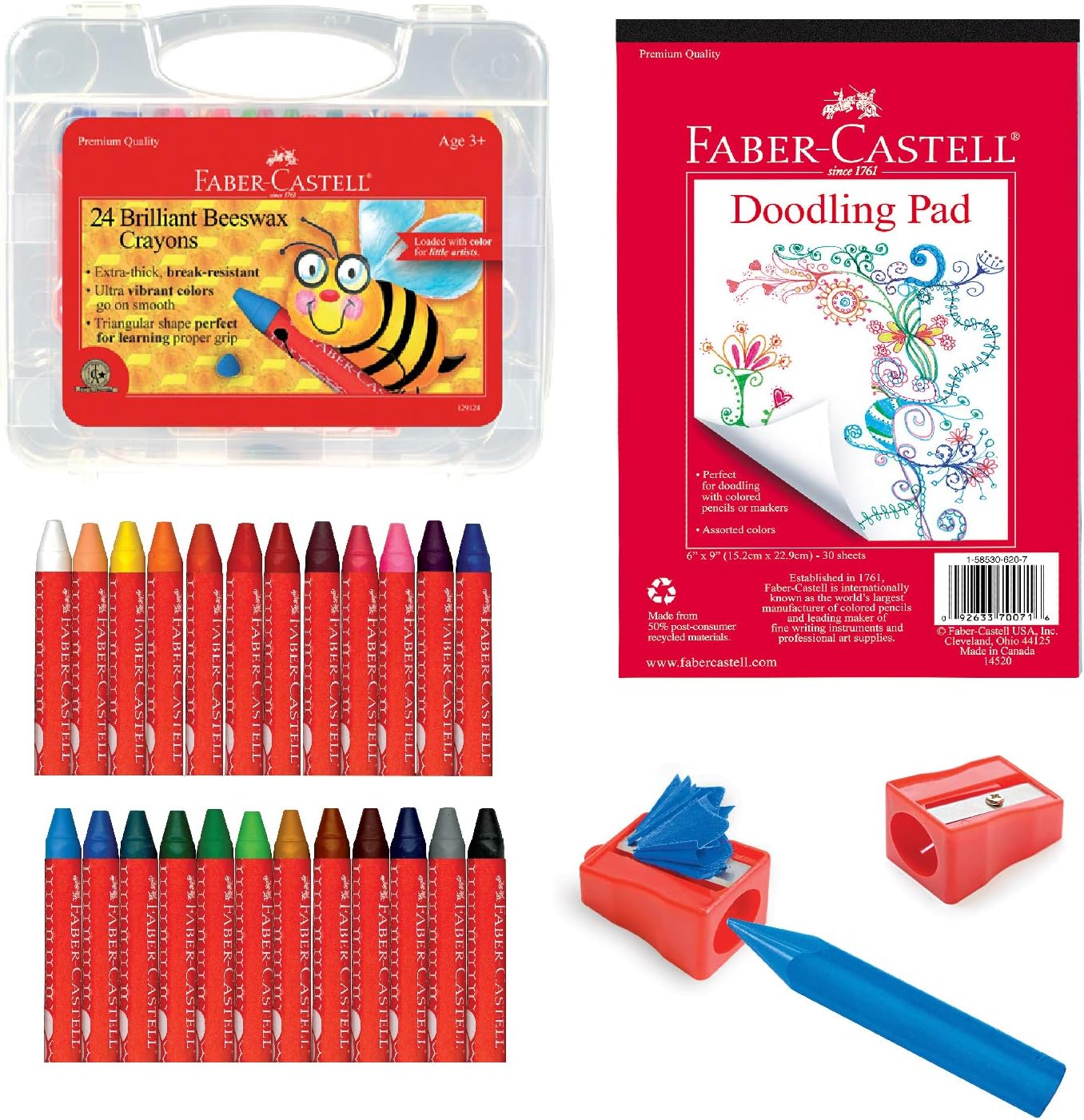Faber-Castell Back to School Beeswax Crayon Coloring Set - 24 Beeswax Crayons, Crayon Sharpener & Doodle Pad, Multi (FC14339)