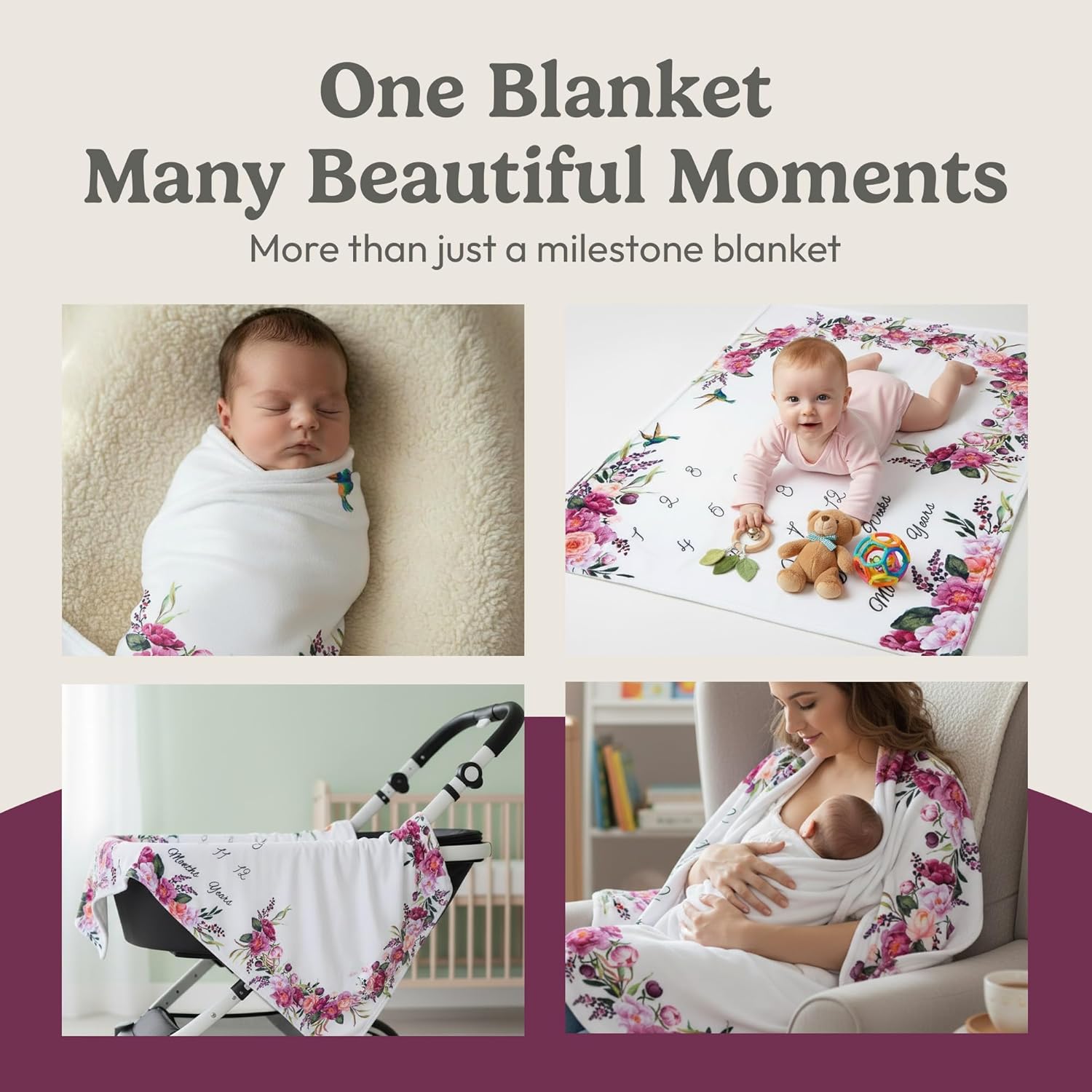 Bliss n' Baby Monthly Milestone Blanket for Baby Girl - 60"x40" - Wrinkle Free Baby Age Month Blanket with Growth Chart - Washable & Dryable - w/Wreath & Headband - Floral Theme