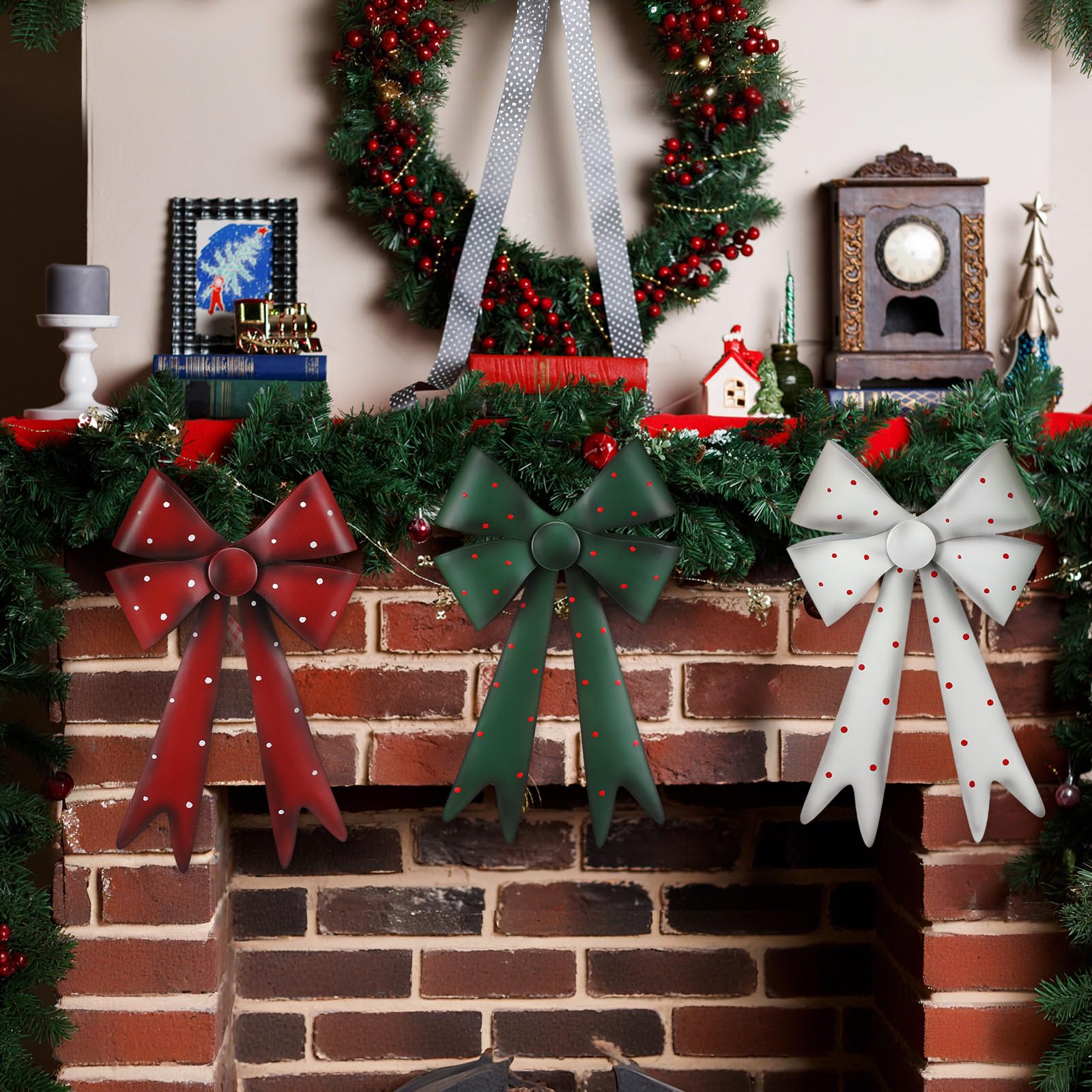 Lot de 3 nœuds de Noël en métal à grands pois - Décoration de sapin de Noël rouge, vert et blanc - Décoration pour guirlande, couronne d'intérieur et d'extérieur