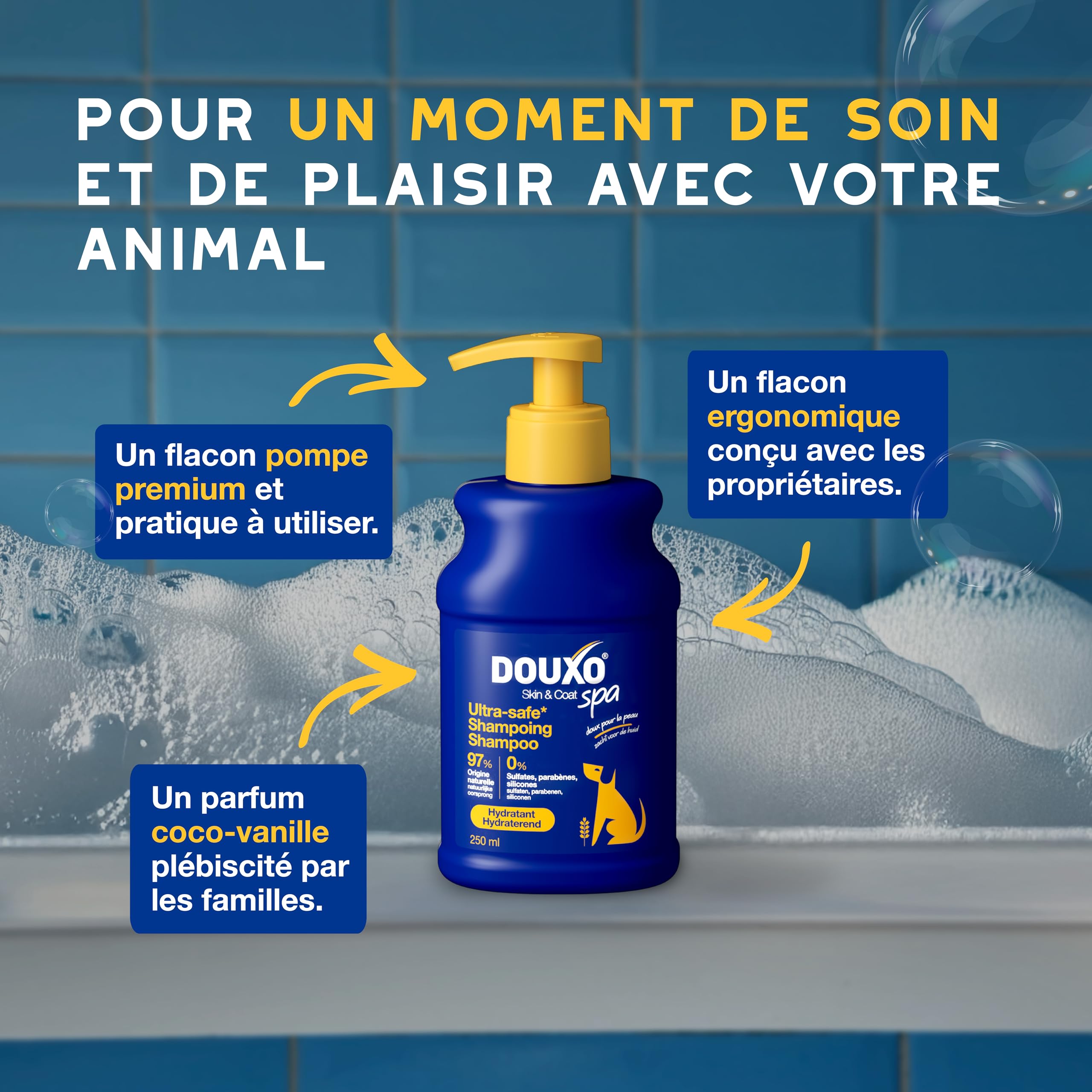 DOUXO Skin & Coat Spa - Ultra-Safe Shampoing hydratant pour Chien, 250mL, Nettoie et Hydrate la Peau Profondeur, Laisse Le Pelage Doux et éclatant, Formule respectueuse de la Peau.
