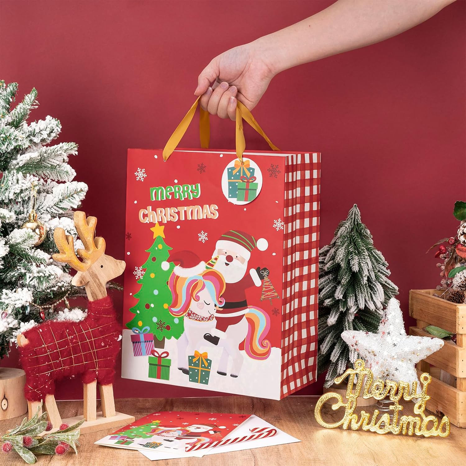 LeZakaa 13" Christmas Gift Bag for Kids Girls, Santa Riding Unicorn Design, Matching Tissue Paper, Greeting Card and Tag, for Xmas Holiday Party, Winter Birthday, 13" x 10" x 5", 1 Pcs image 4