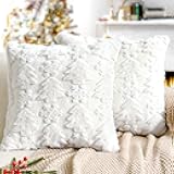 Touchat Christmas Pillow Covers 18x18, Soft Faux Rabbit Fur Throw Pillow Covers with 3D Embroidery Christmas Tree and Snowflake Design for Winter Holiday Home Decor, Couch Sofa Bedroom, White