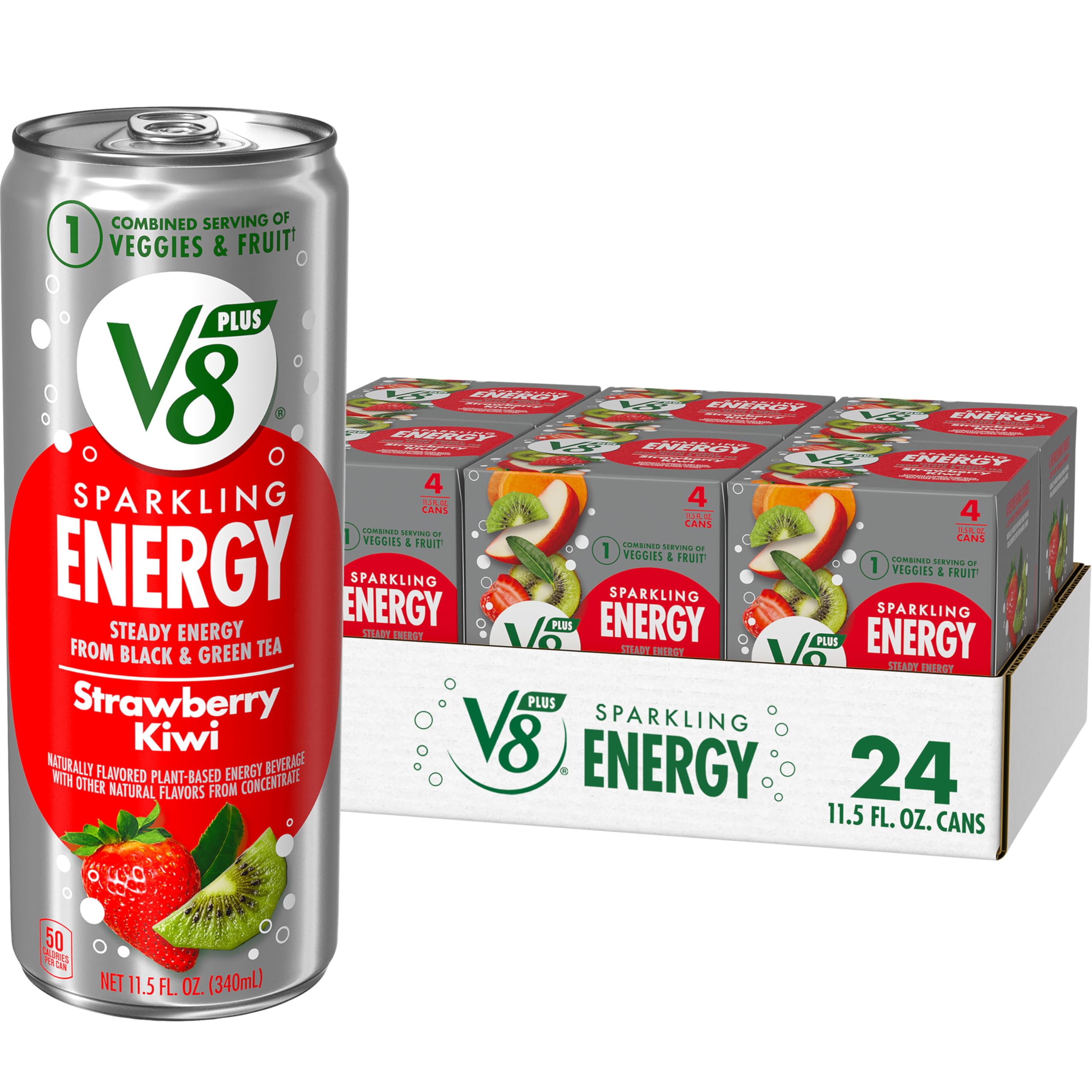V8 +ENERGY Strawberry Kiwi Energy Drink, Made with Real Vegetable and Fruit Juices, 11.5 FL OZ Can (6 Packs of 4)