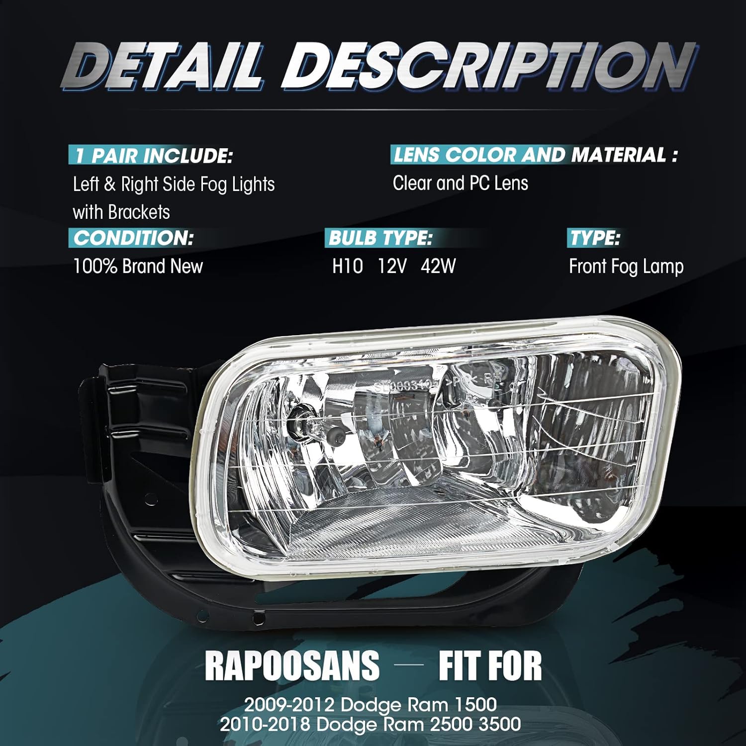 Driving Fog Lights Lamps Assembly for 2009-2012 Dodge Ram 1500, 2010-2018 Dodge Ram 2500 3500 Fog Light Replacement with H10 12V 42W Bulbs with Brackets